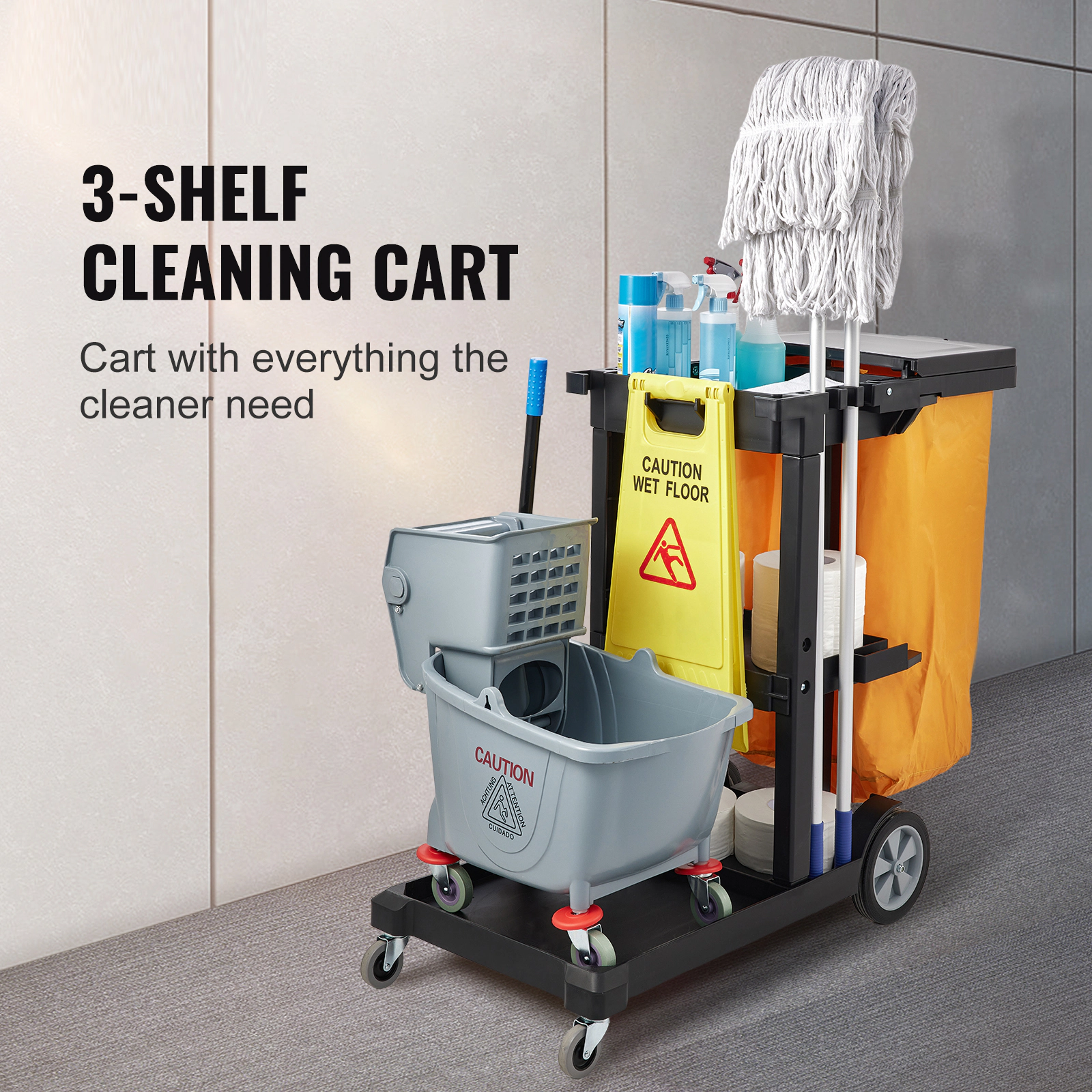 HONGGE 3-Shelf Commercial Cleaning Cart with Covered Trash Bag, 200 lbs Capacity, Rolling Janitorial Cart, Yellow