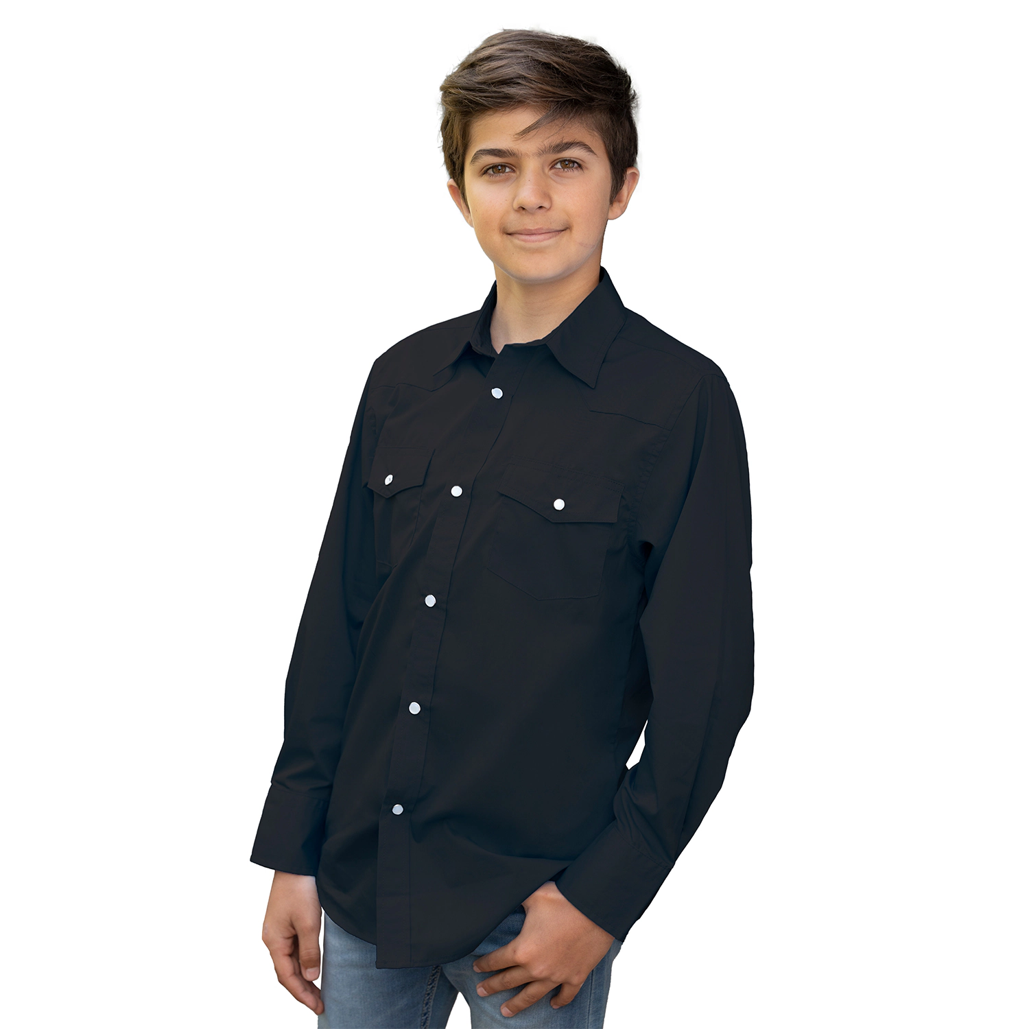 Gioberti Boy's Casual Western Solid Long Sleeve Shirt With Pearl Snaps