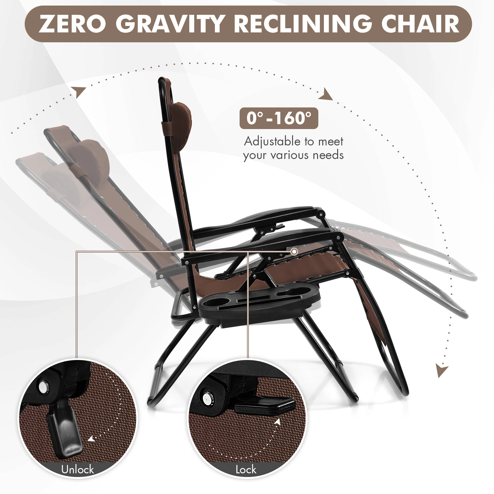 SUGIFT Zero Gravity Reclining Lounge Chair Folding Patio Recliner with Utility Tray