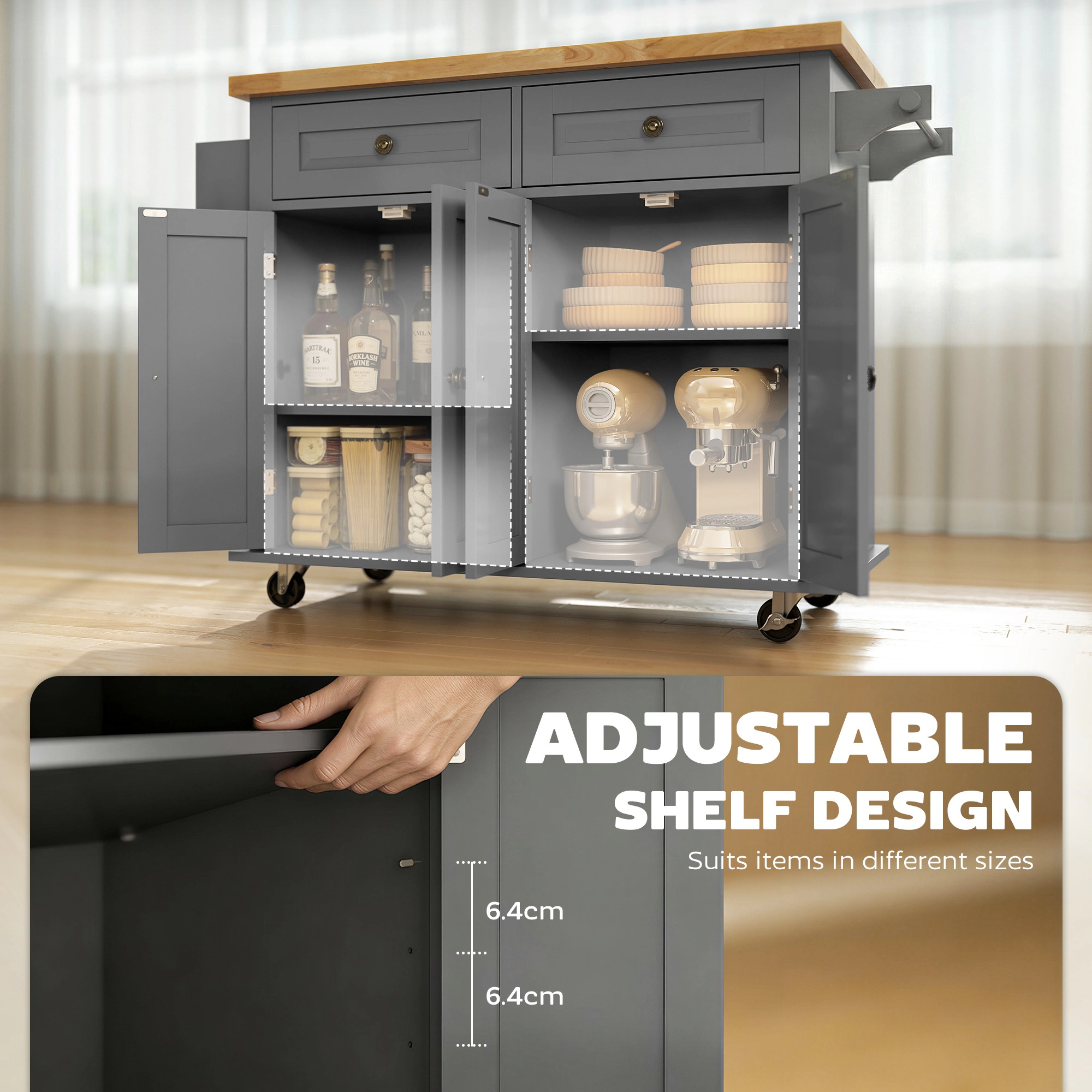 HONGGE 44" Mobile Kitchen Island Table Cart on Wheels with Storage Cabinets 2 Drawers