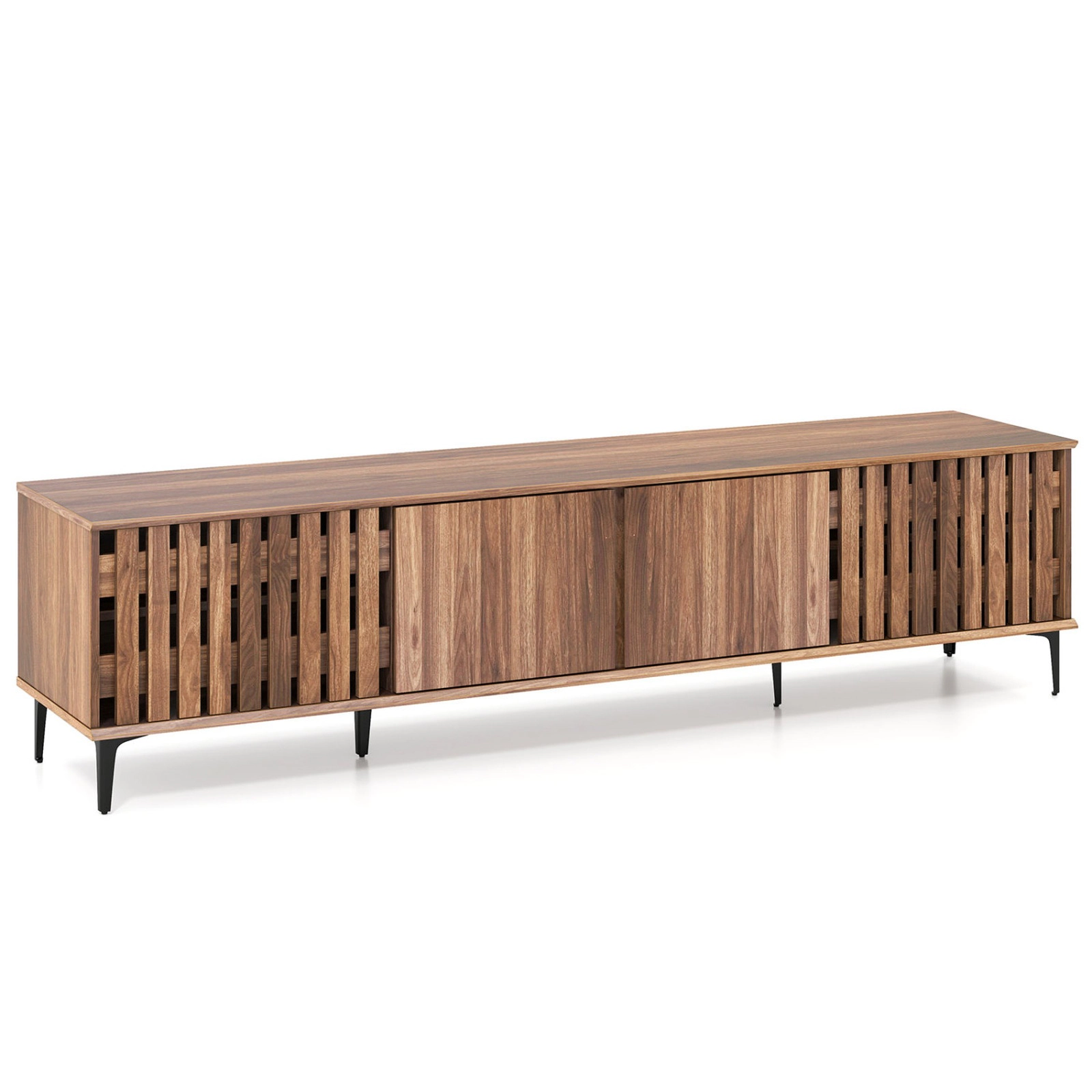 SUGIFT Mid Century Modern Entertainment Center TV Stand with 4 Storage Cabinets 71-in Wide 190-lb Tabletop Walnut