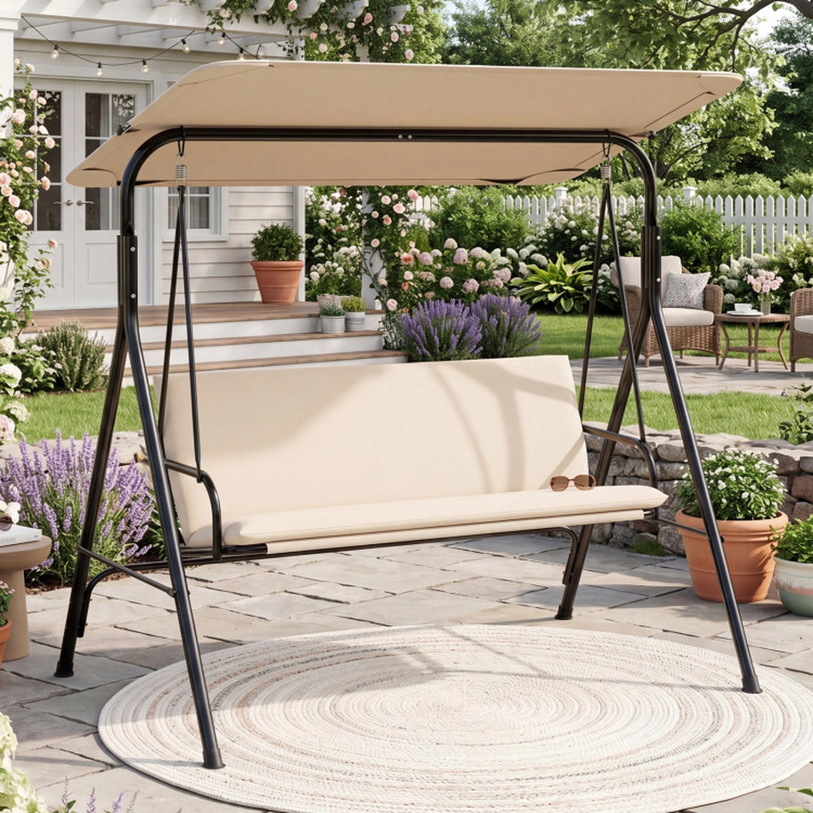 SUGIFT Beige 3-Seat Patio Swing with Breathable Mesh, Removable Cushion, Adjustable Canopy, 800 lb Capacity