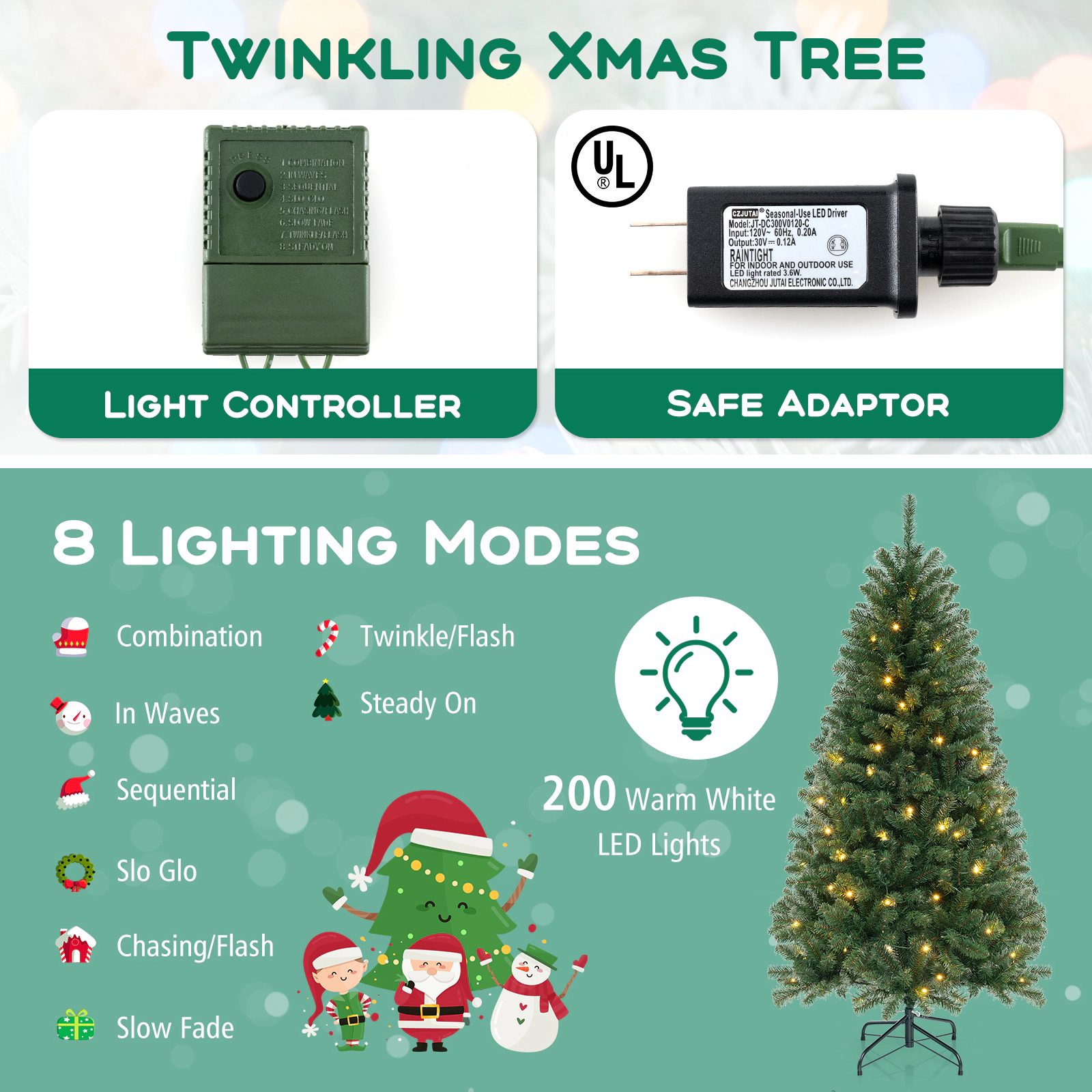 LJG 6/7/8 FT Artificial Christmas Tree with 568/830/1182 Branch Tips and 200/250/400 Warm White LED Lights-M