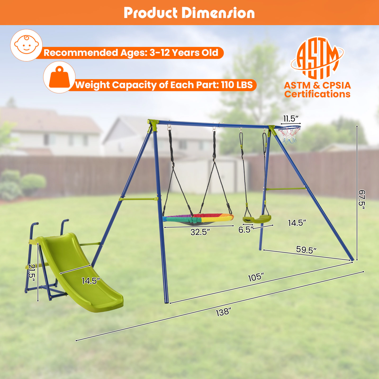 SUGIFT 4-in-1 Heavy-Duty Metal Kids Playset with Slide 32.5-in Saucer Swing Belt Swing and Basketball Hoop