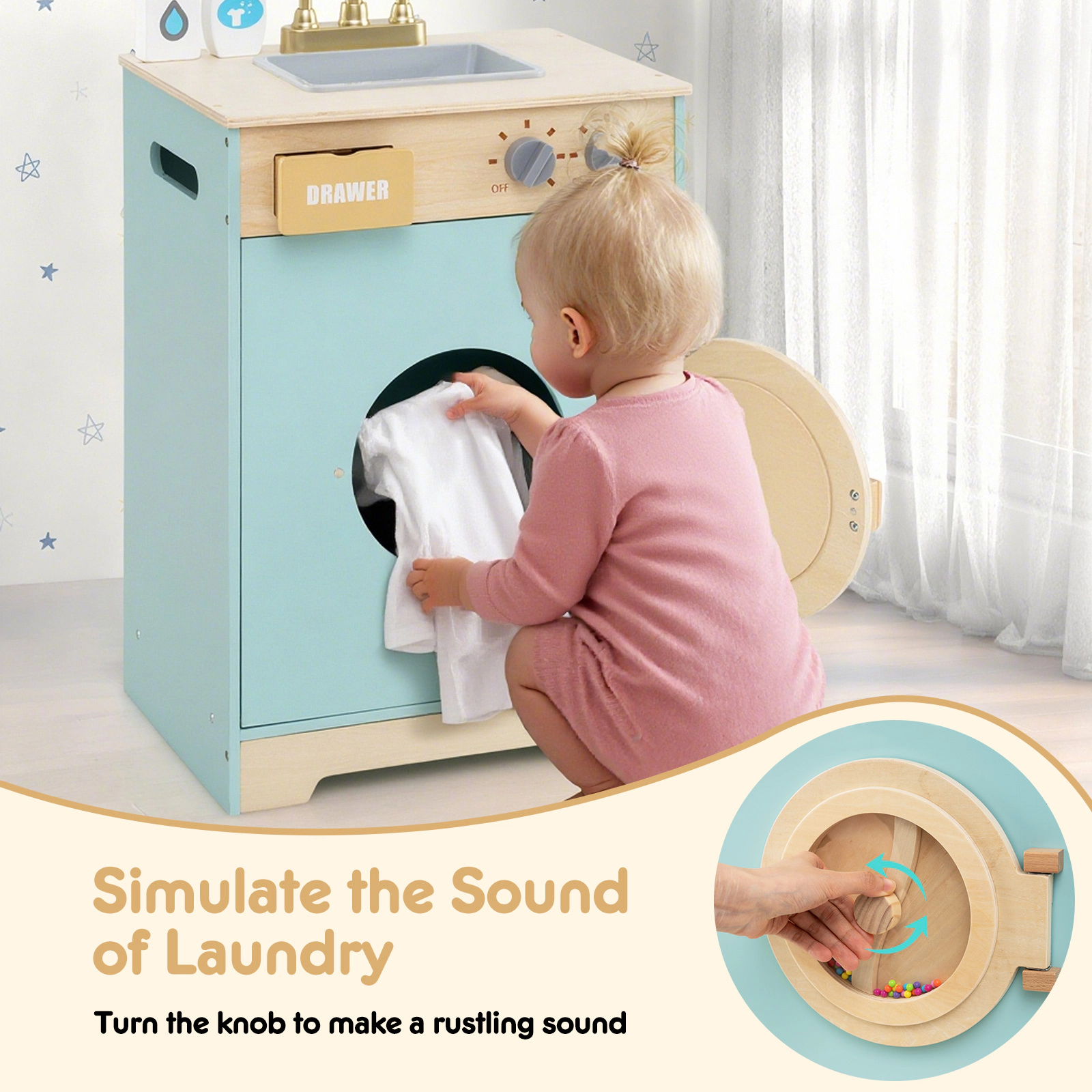 SUGIFT Kids Blue Wooden Toy Washing Machine Playset with Removable Sink and Detergent Bottle 16-in W 30-in H