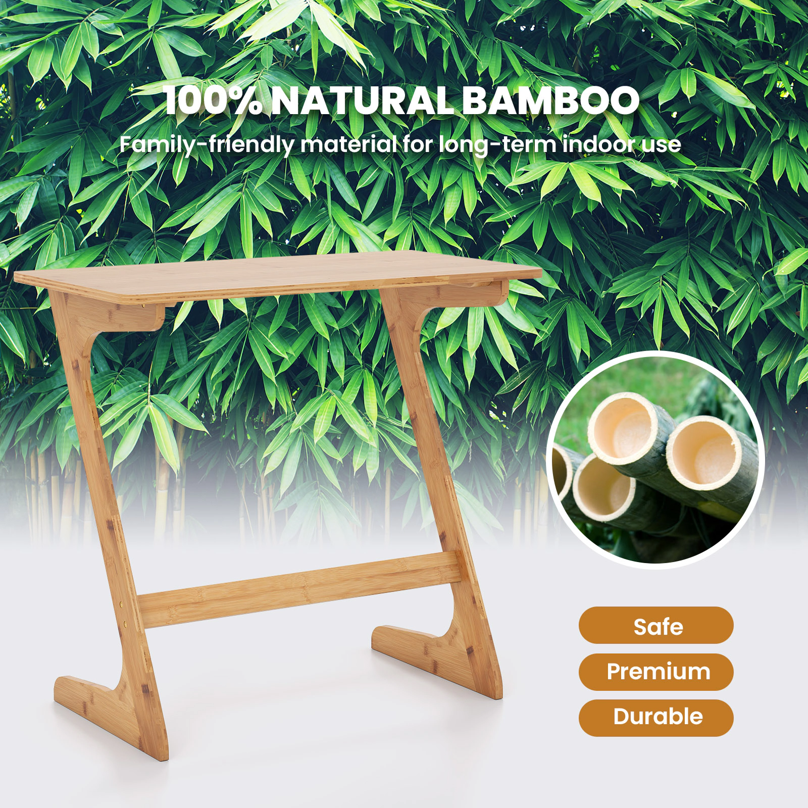 Glintex Z-Shaped Bamboo Sofa Side Table with 110-Lb Capacity and Metal Crossbar
