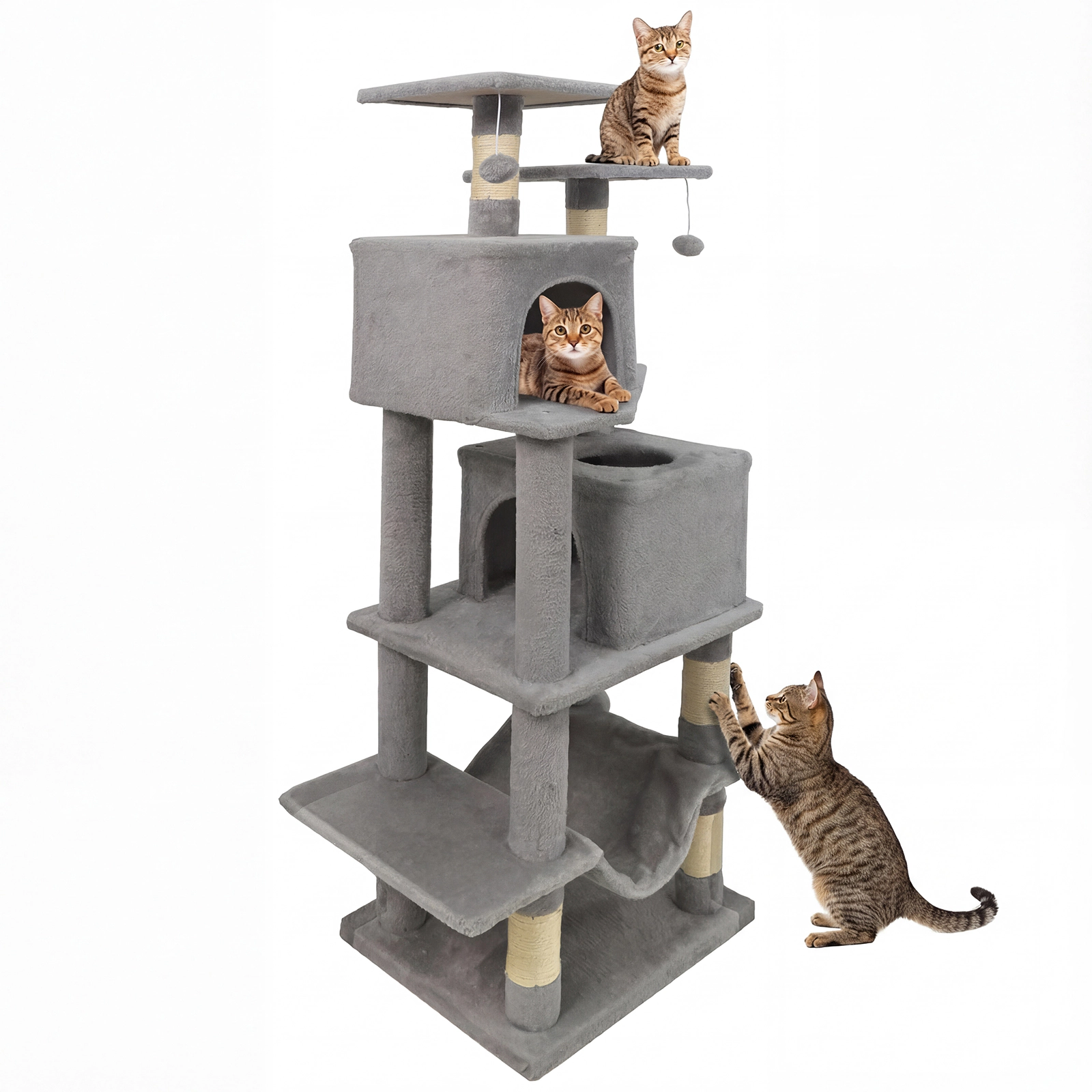SUGIFT Multi-Level 57-in Cat Tree with Dual Condos Hammock and Sisal Scratching Posts Light Gray