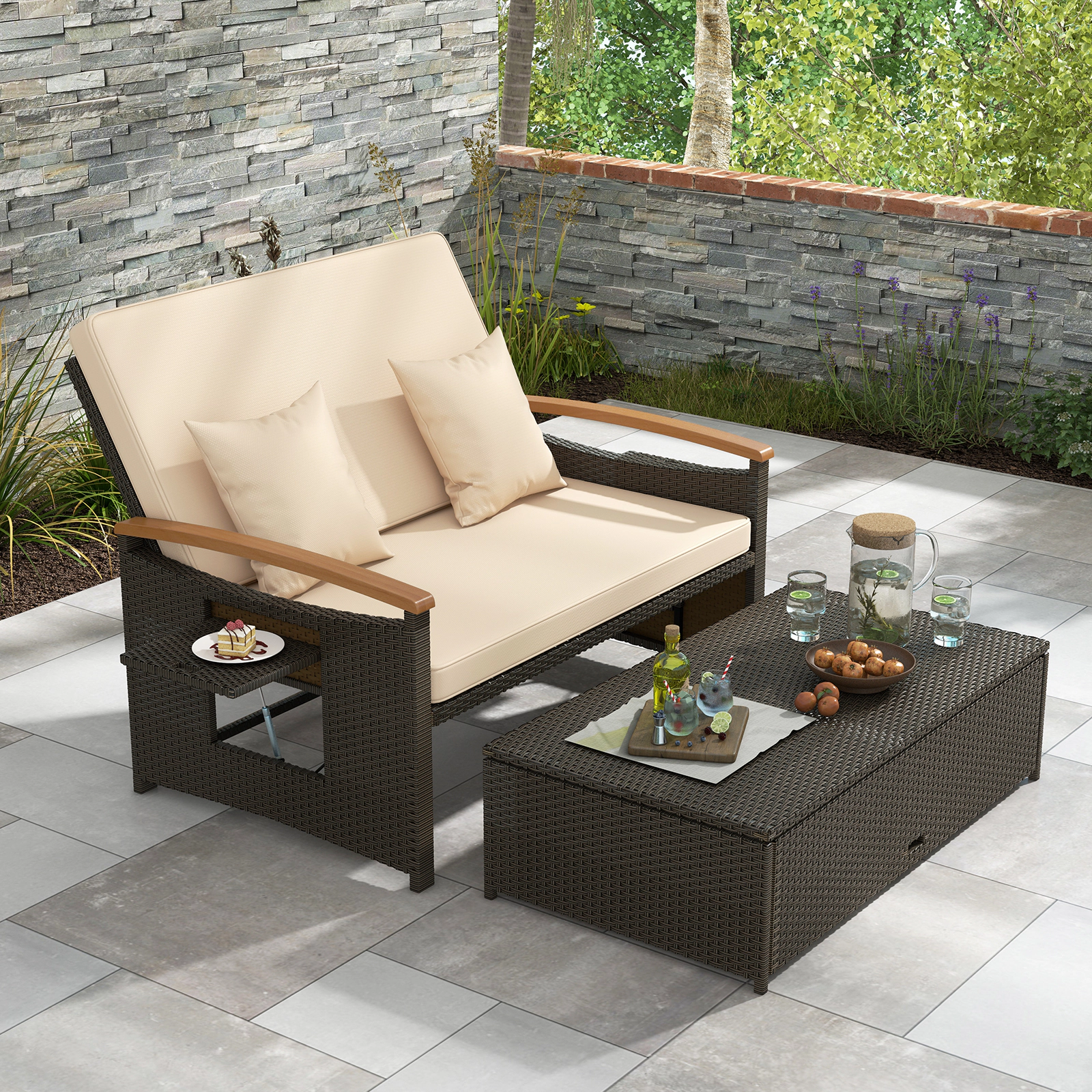 LJG Outdoor Wicker Daybed with Folding Panels and Storage Ottoman