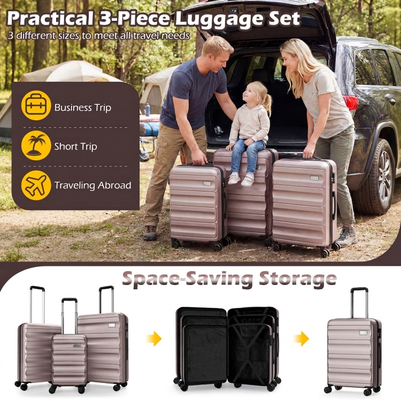 SUGIFT Pink 3-Piece Hardside Luggage Set 20-in Carry-On 24-in and 28-in Checked Lightweight ABS Suitcases