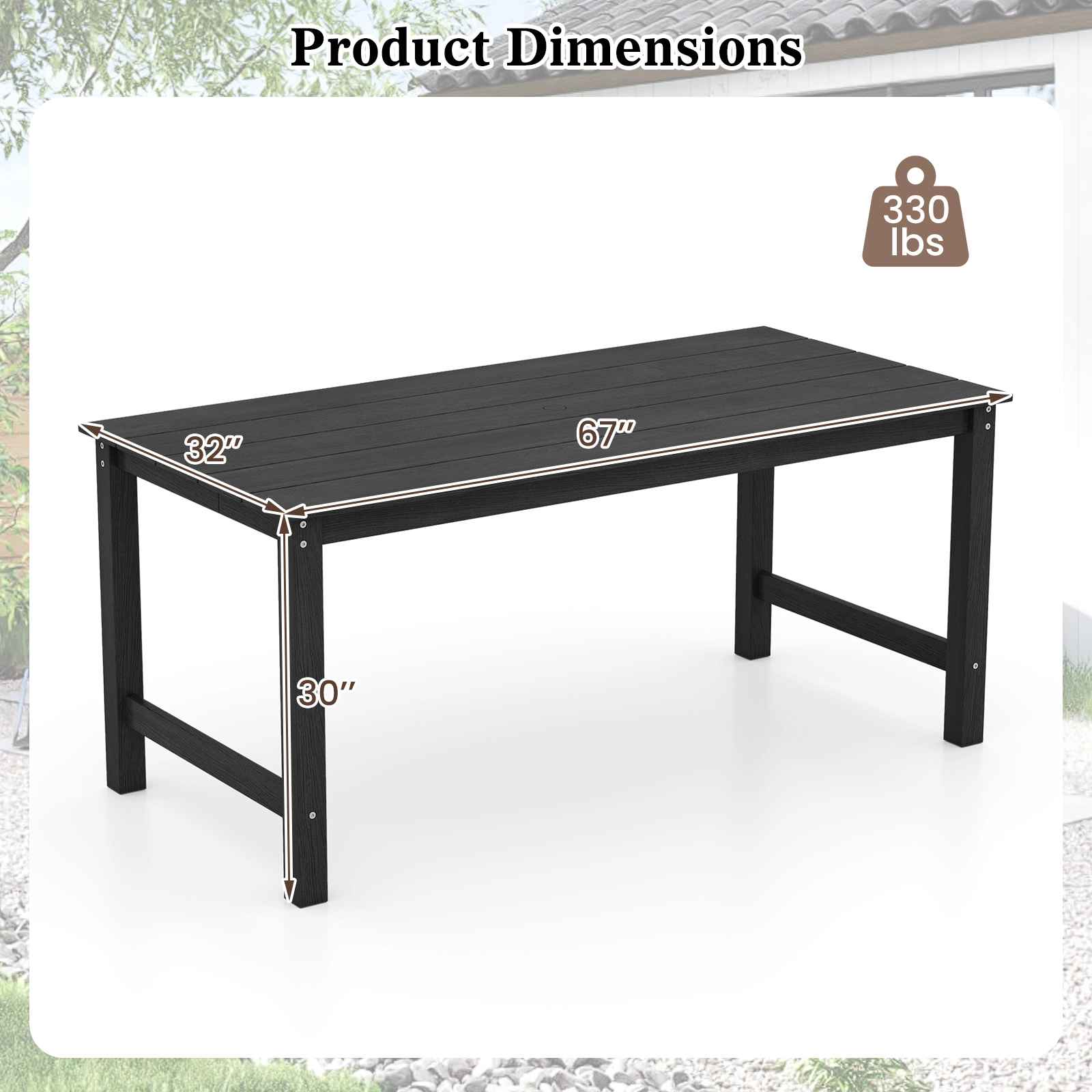 SUGIFT 67-Inch Black HDPE Outdoor Patio Dining Table for 6, Wood-Look Top with Umbrella Hole