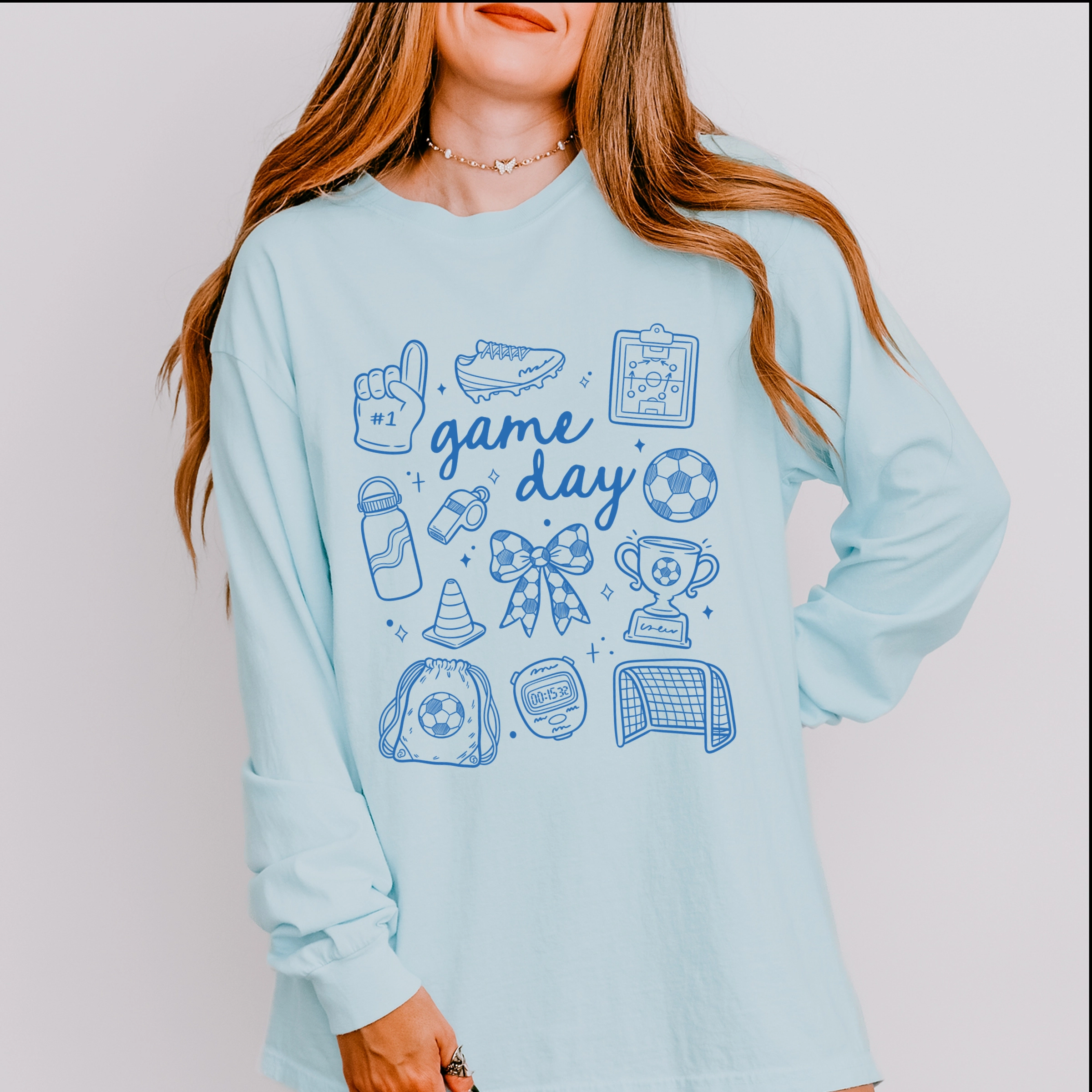 Simply Sage Market - Game Day Soccer Sketched Collage Women's Garment Dyed Long Sleeve Graphic T-Shirt