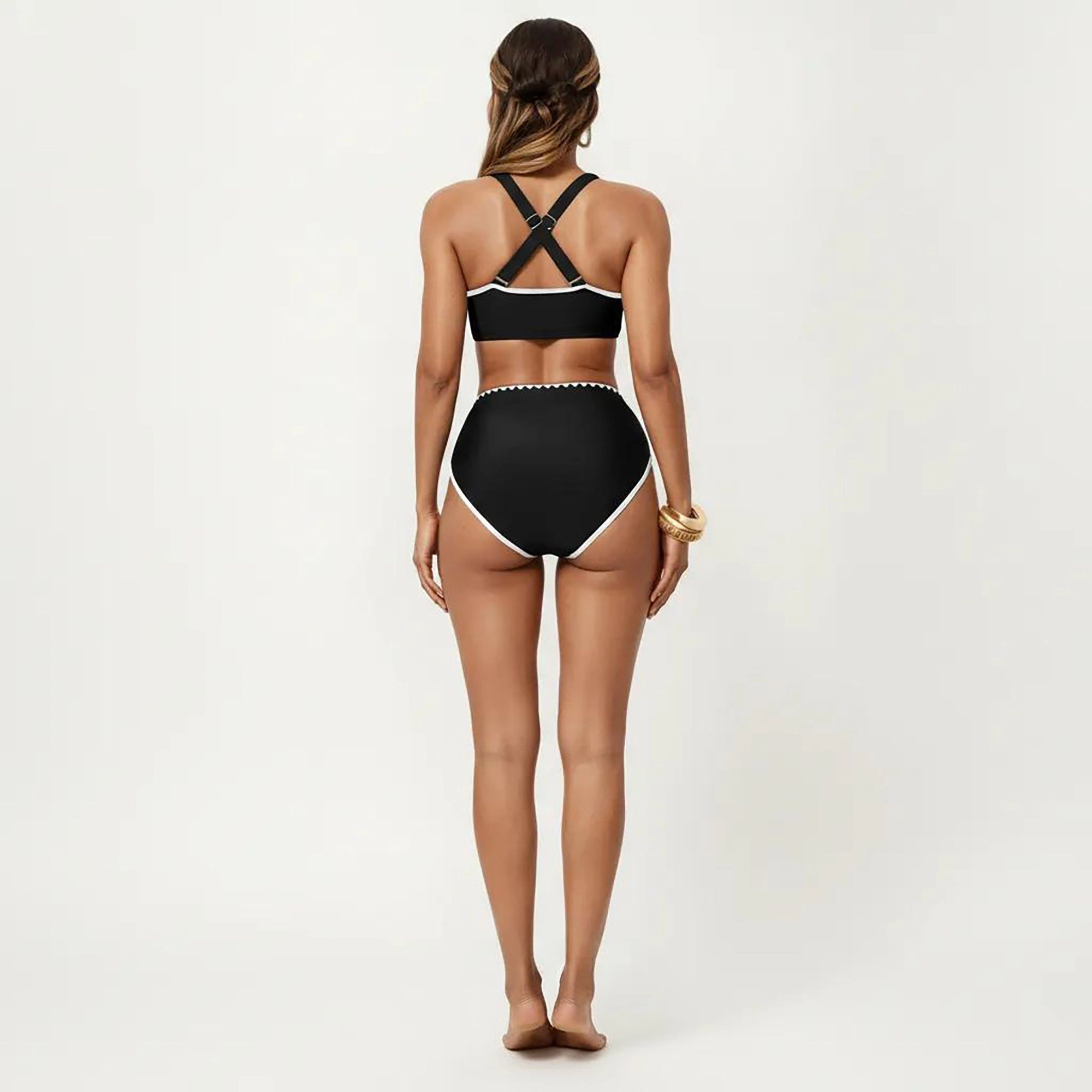 Anna-Kaci Women's 2-Piece Set Tie Front Bikini Top with Scalloped Trim and High-Waisted Bottom