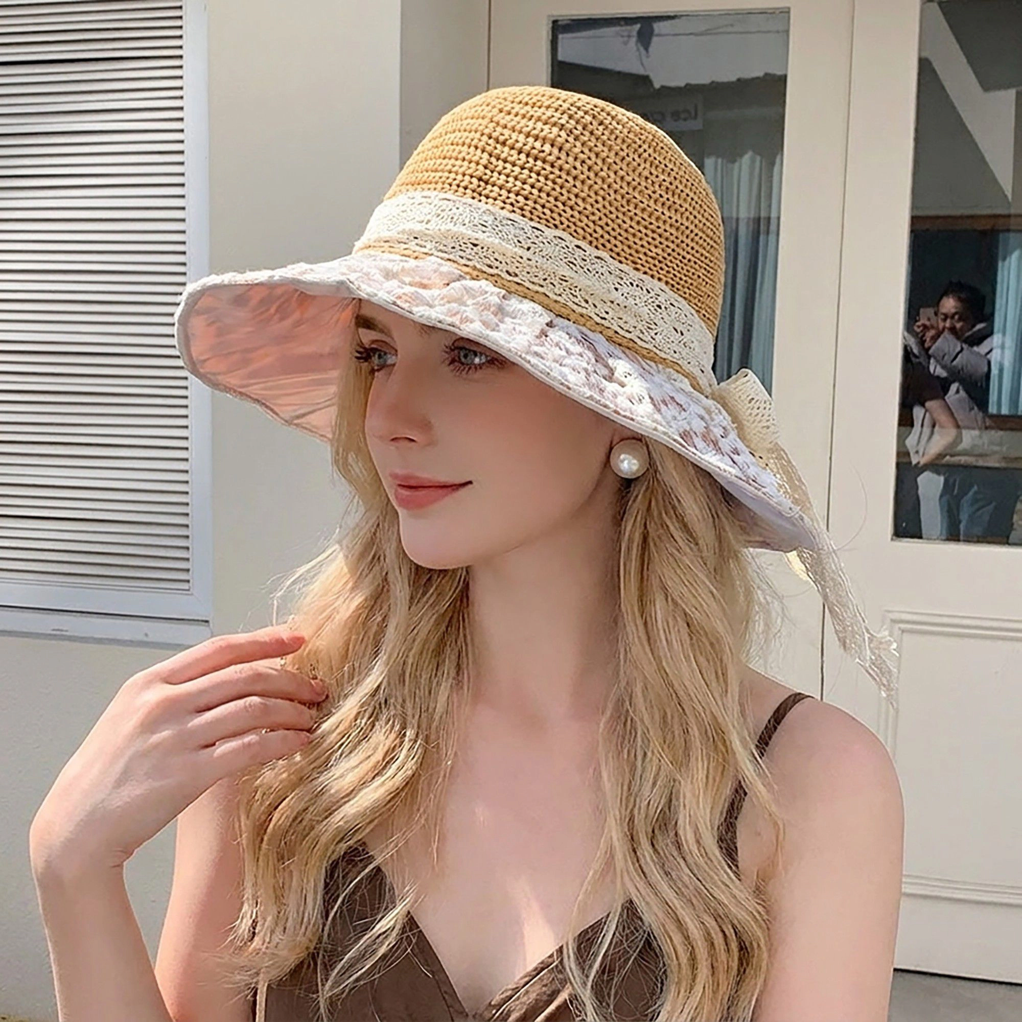 Anna-Kaci Women's Crochet Sun Hat with Lace Bow Accent and Embroidered Sheer Wide Brim - MauvePink