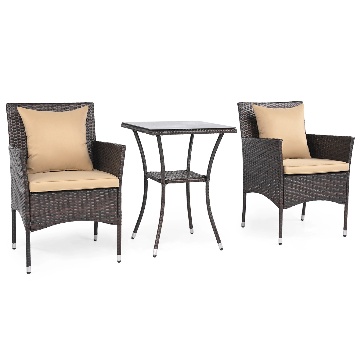 LJG 3-Piece Patio Furniture Set Rattan Bistro Chairs with 2-Tier Tempered Glass Side Table