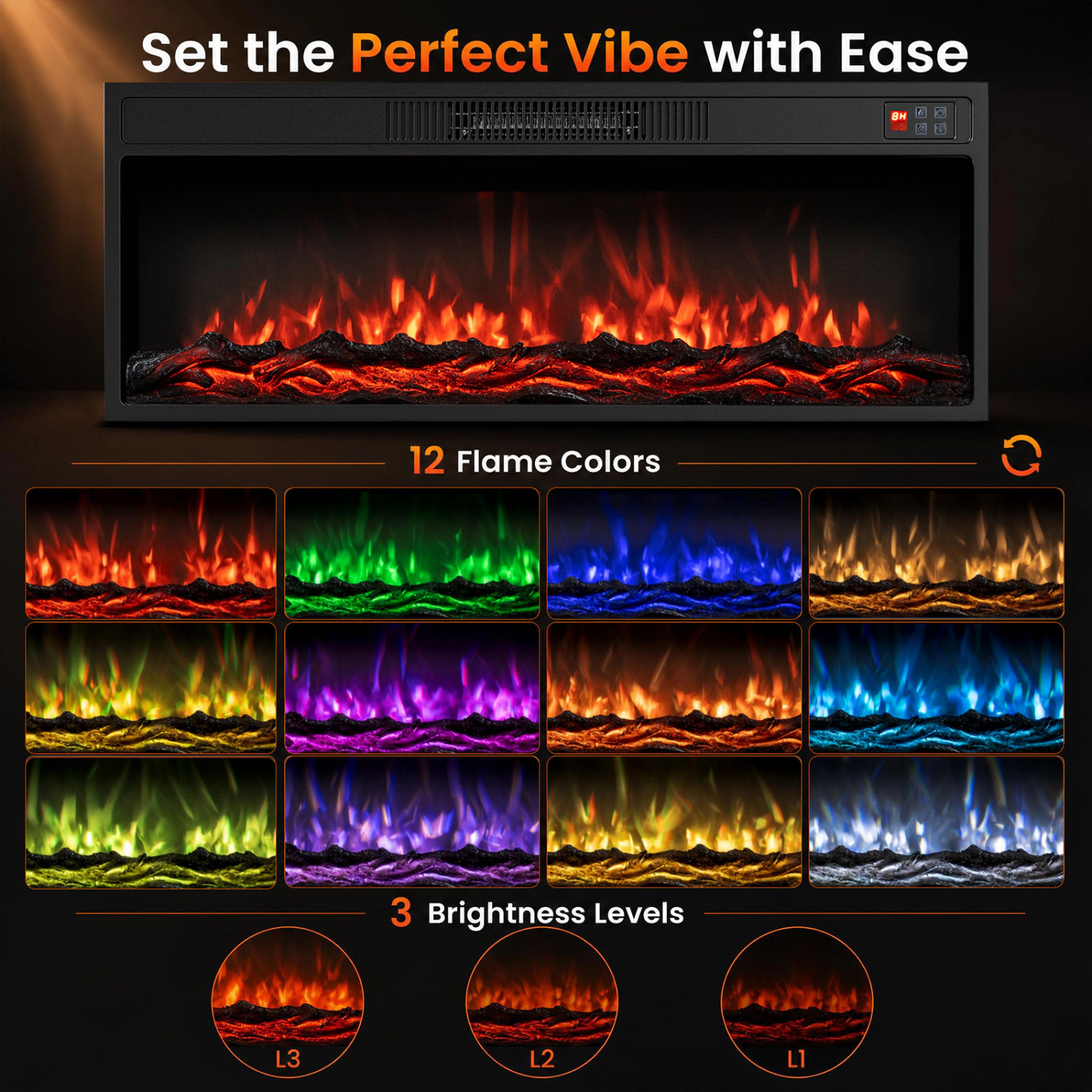 LJG Recessed Electric Fireplace Heater with Adjustable Flame Colors & Brightness