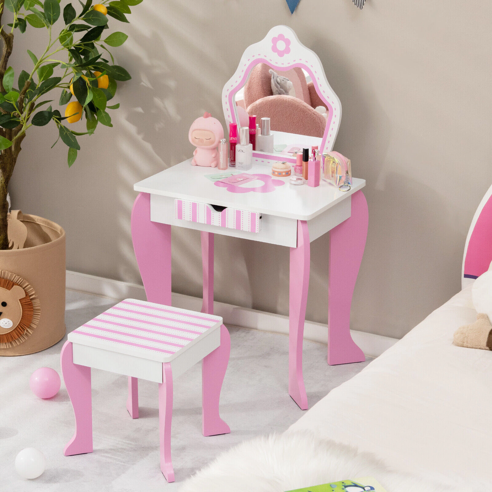 SUGIFT Kids Detachable Mirror Top Flower Patterns Vanity Table and Chair Set 19.5-in x 13.5-in x 34-in 66-lb White