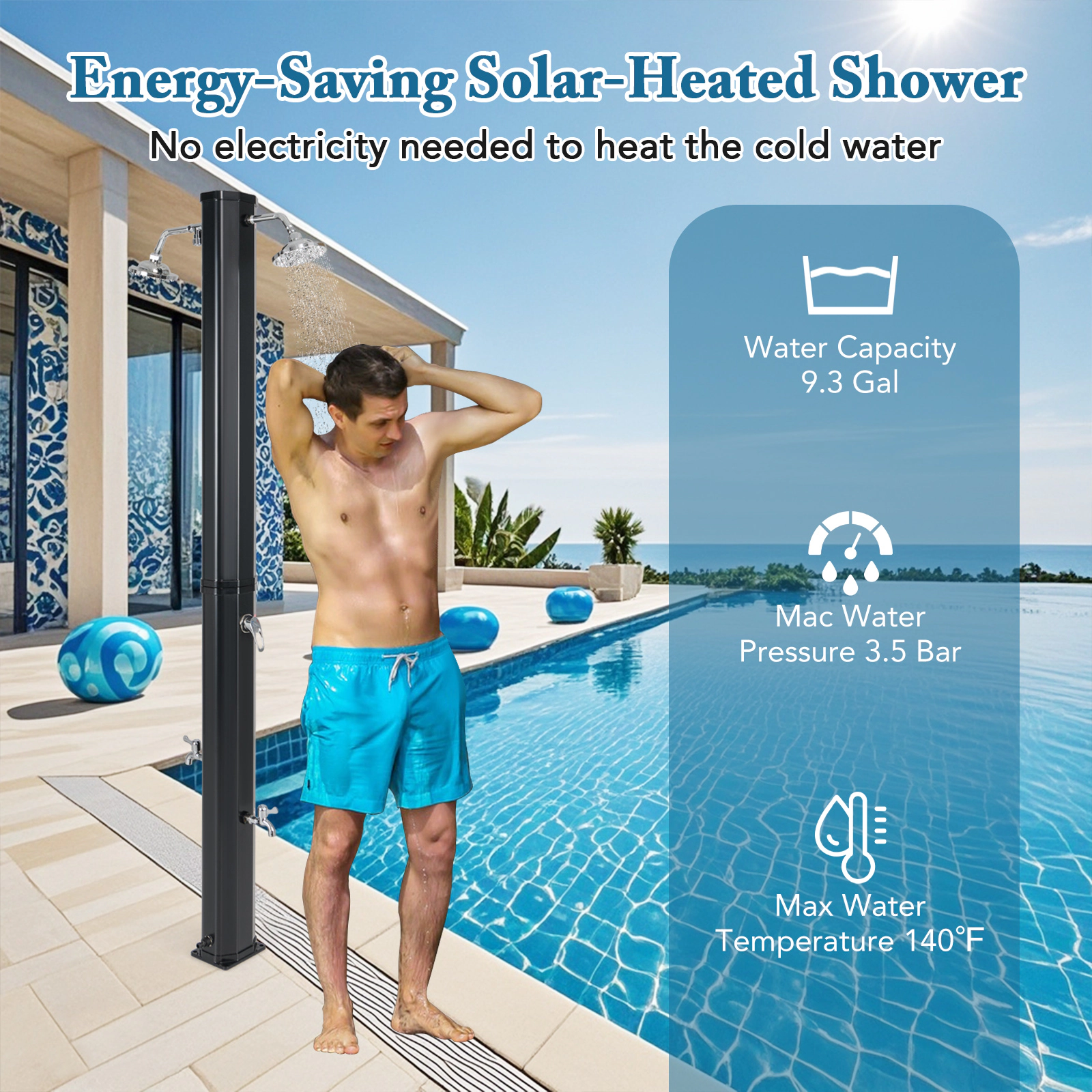 SUGIFT Solar Heated Outdoor Shower PVC Column Dual Swivel Heads Foot Rinse 9.3-Gallon 140 F Max 7 x 5.5-in Base Black