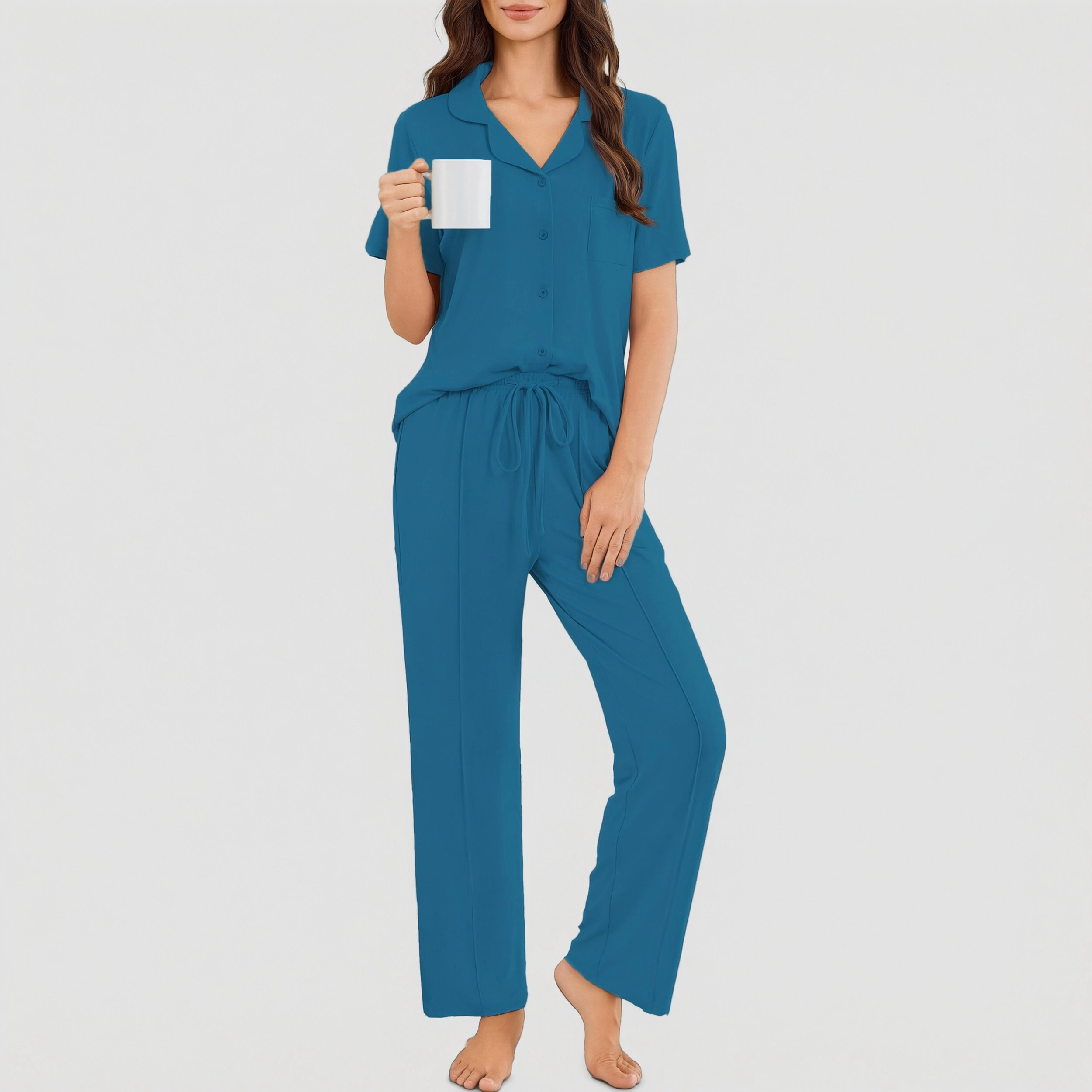 Ekouaer Women's Button Up Pajama Set with Short Sleeve Top and Long Pants
