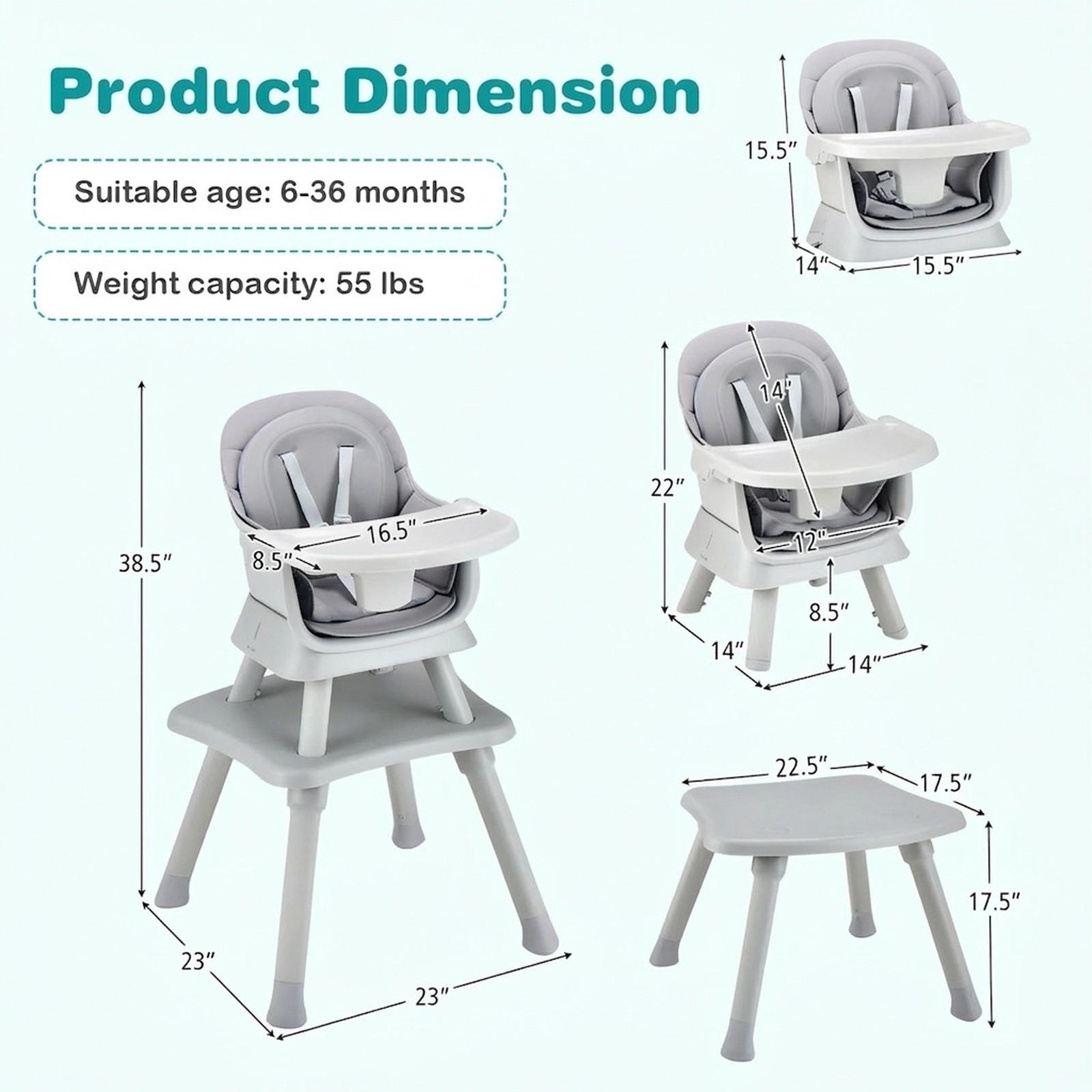 SUGIFT 6-in-1 Convertible Baby High Chair with Adjustable Removable Tray 55-lb Capacity Ages 6-36 Months Gray