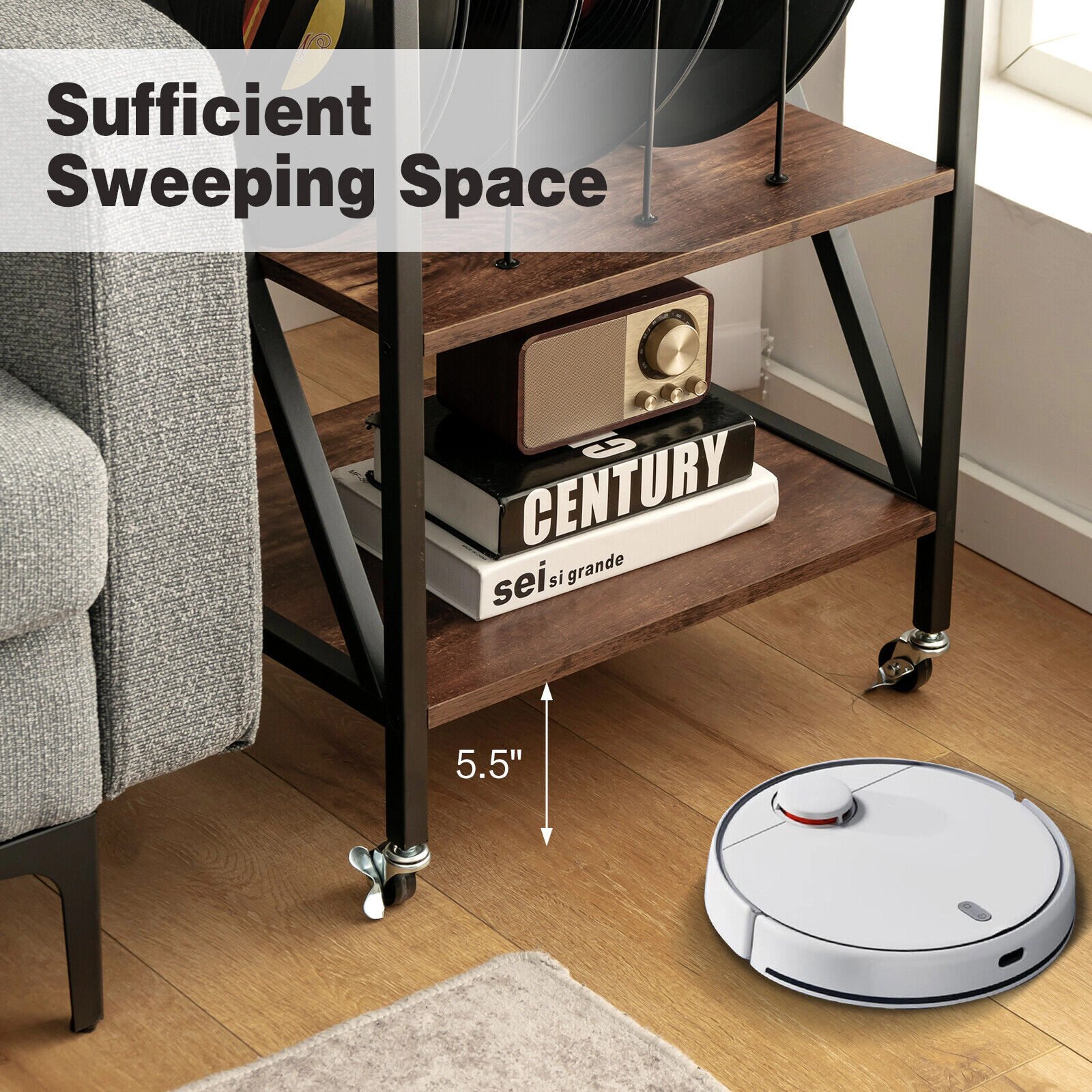 Glintex Rolling 3-Tier Vinyl Record Stand with 3 Dividers and Lockable Casters, Brown