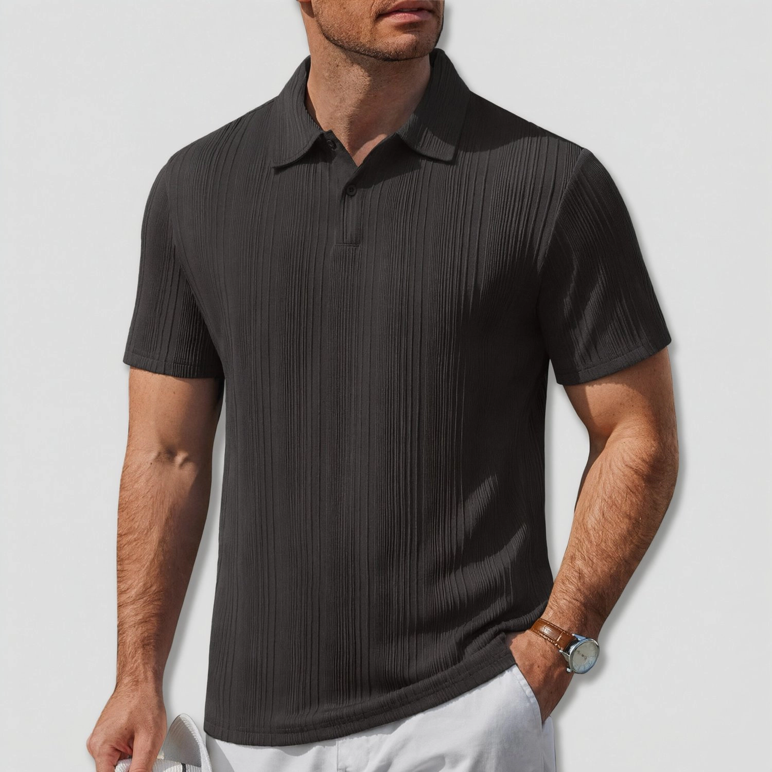 COOFANDY Mens Short Sleeve Polo Shirts  Vertical Pleated Collared Casual Tops