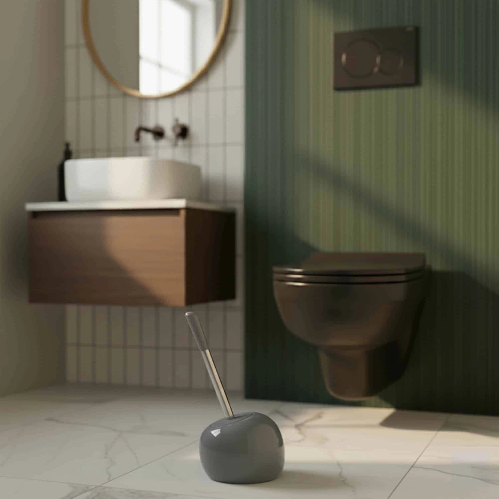 Evideco French Home Goods Glazed Dolomite Toilet Brush and Holder Set, Stainless Steel Handle