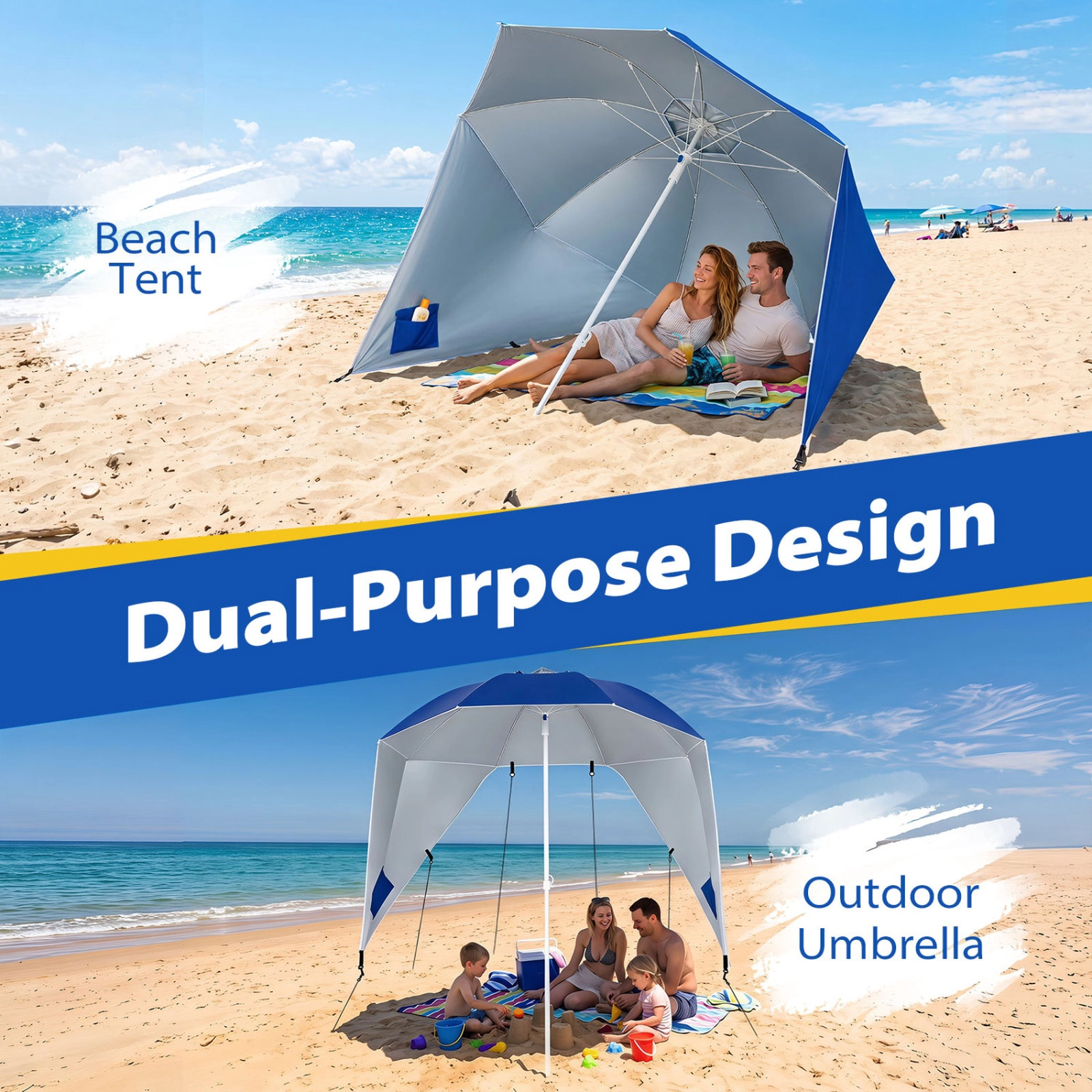 SUGIFT Blue 2-in-1 UPF 50+ Beach Shelter Umbrella with Side Panels Sand Anchor and 8 Fiberglass Ribs