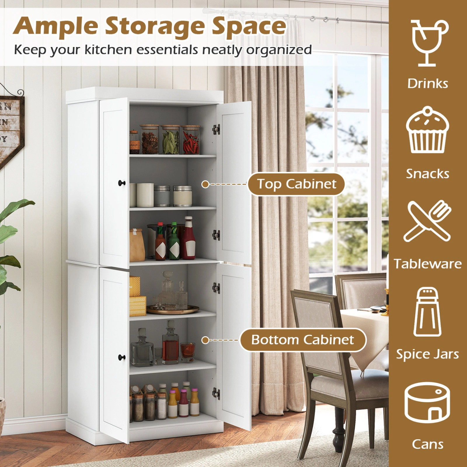 SUGIFT Kitchen Pantry Cabinet White with 2 Adjustable Shelves and Anti-Tipping Kit