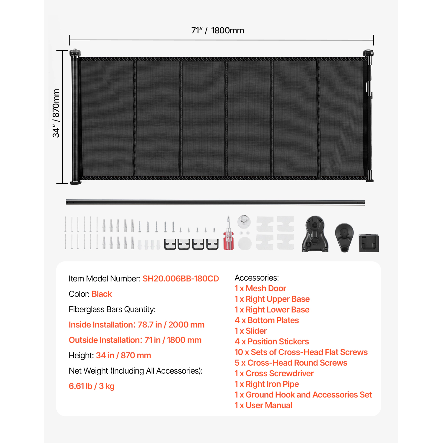 HONGGE Retractable Mesh Pet Gate, 34" Tall, Extends to 71" Wide, Black Safety Barrier for Doorways & Stairs