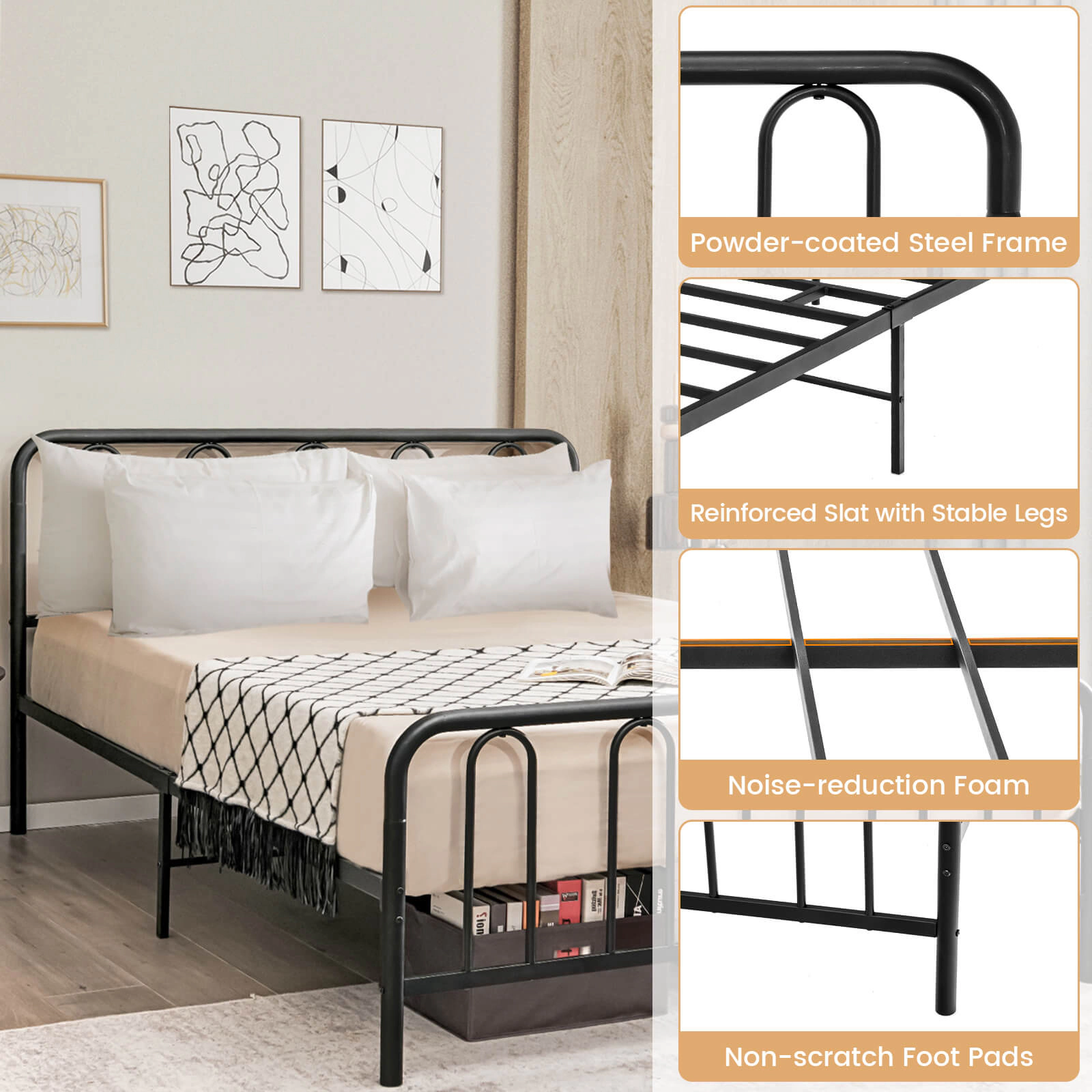 SUGIFT Steel Platform Queen Bed Frame with Headboard and Footboard 1100-lb Capacity 83.5-in Long 40-in Tall Black