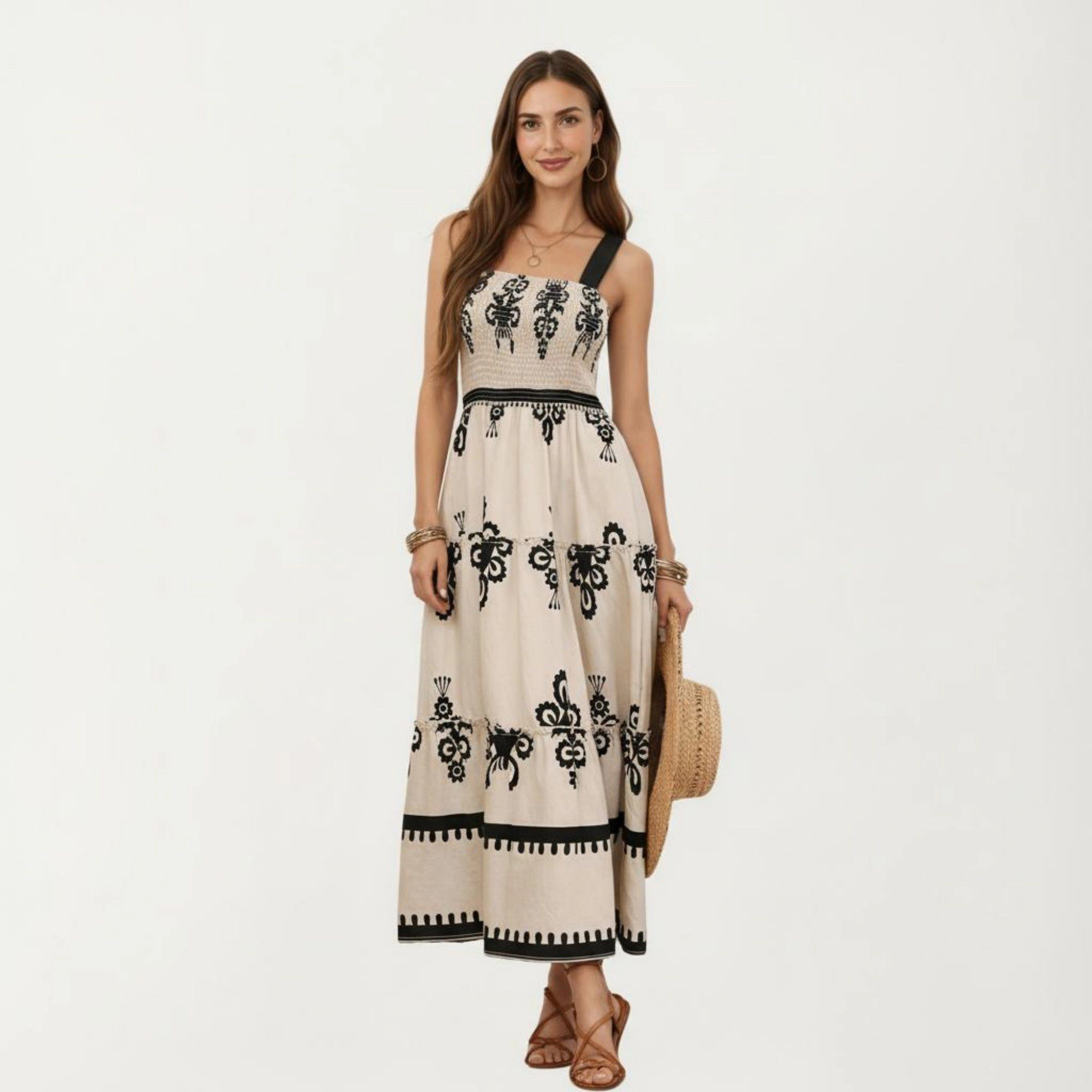 Anna-Kaci Womens Sleeveless Smocked Floral Tiered Midi Dress