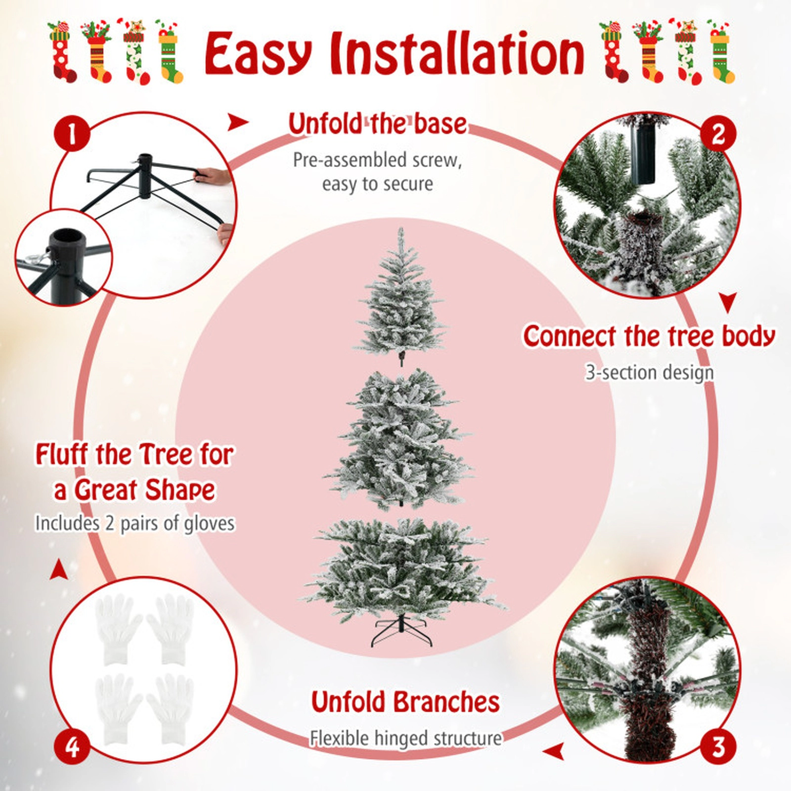 SUGIFT 8-ft Snow Flocked Pre-Lit Timer Artificial Christmas Tree 1447 Branch Tips 800 LED Lights 3 Sections White
