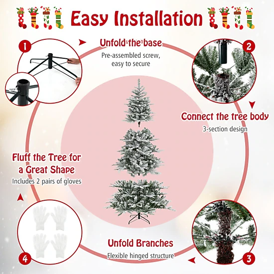 SUGIFT 8-ft Pre-Lit Snow Flocked Artificial Christmas Tree with 800 Cool White LED Lights Timer and Remote White