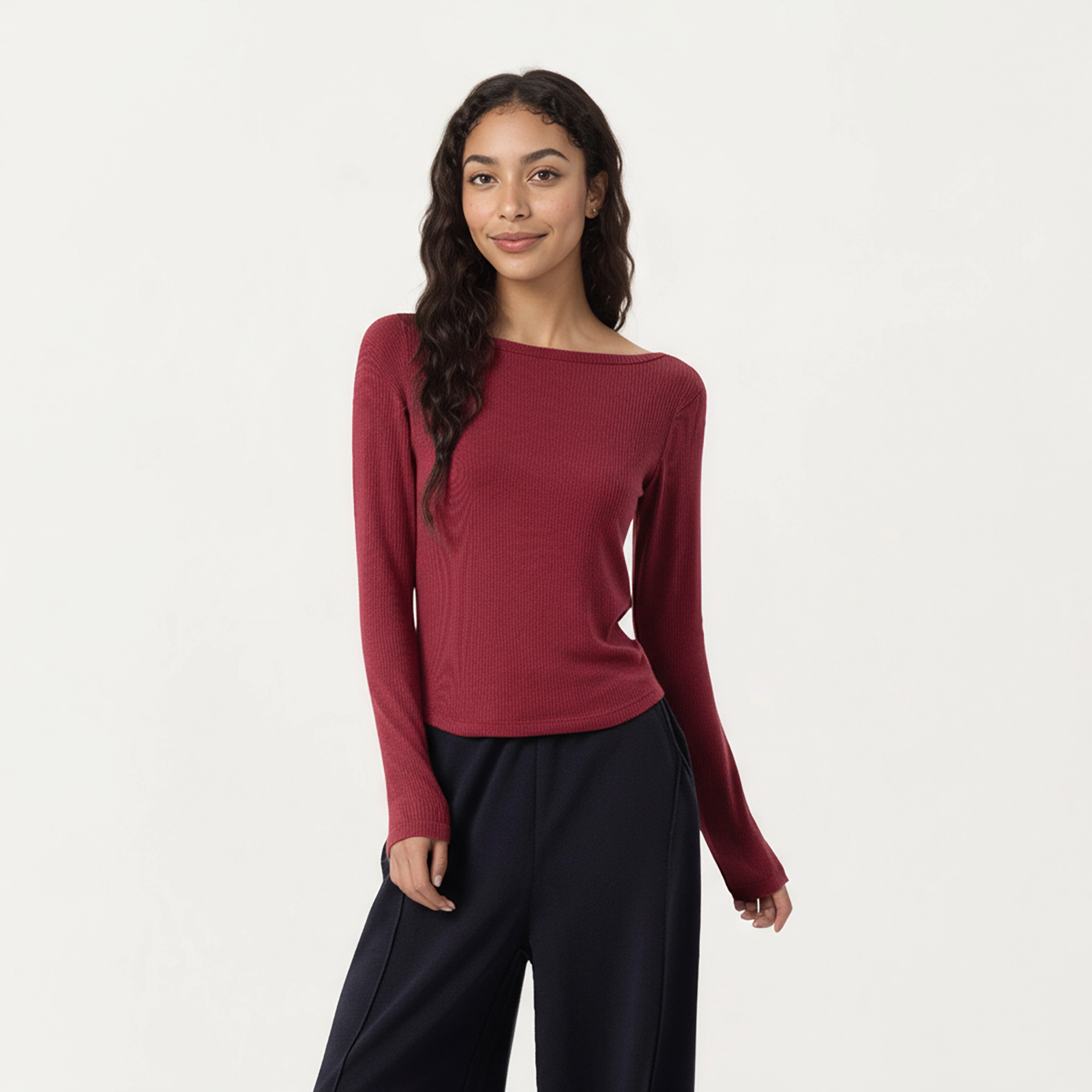 Anna-Kaci Women's Long Sleeve Rib Knit Top with Boat Neckline and Slim Fit Silhouette