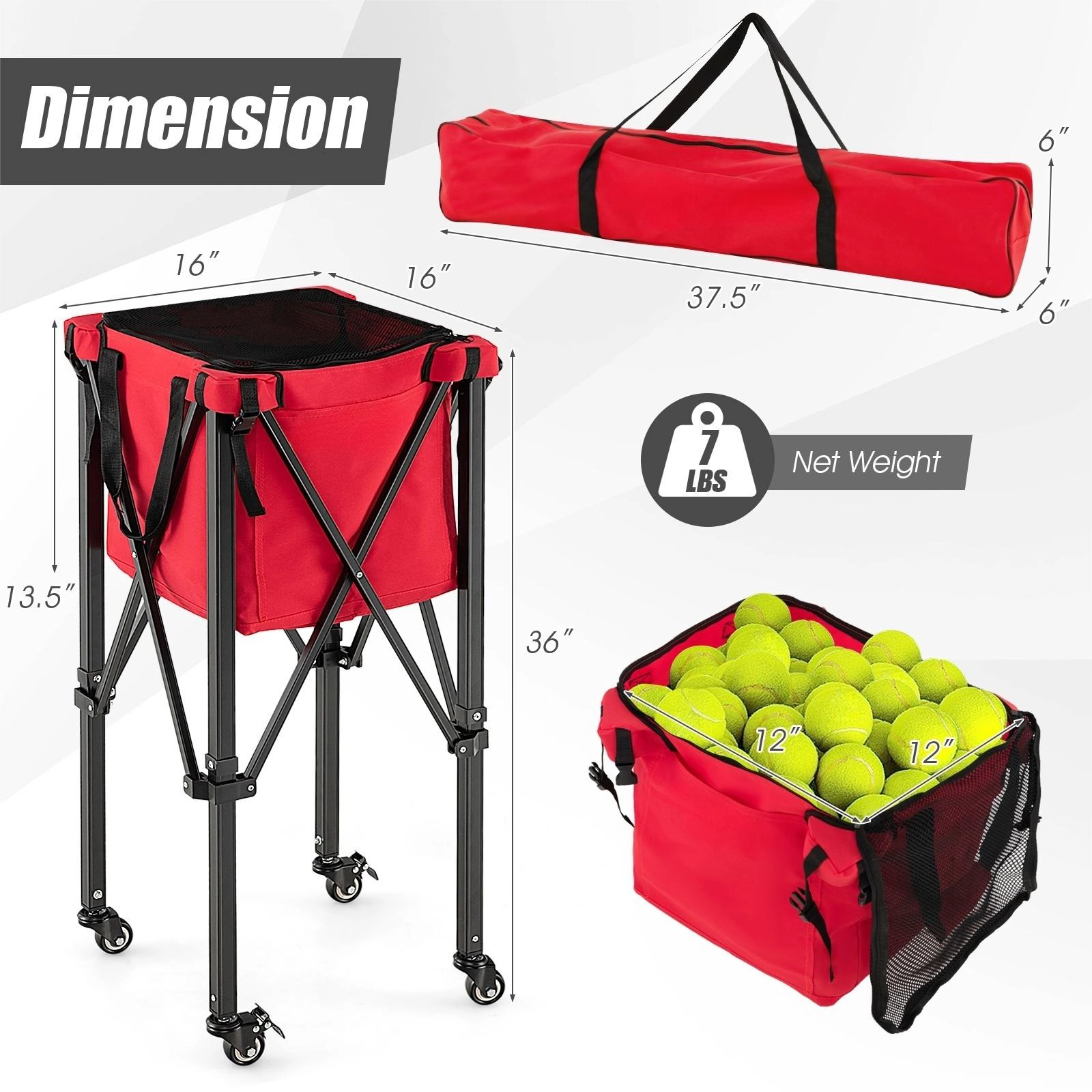 SUGIFT 150-Ball 66-lb Capacity Foldable Aluminum Tennis Ball Cart with 4 Wheels and Removable Bag