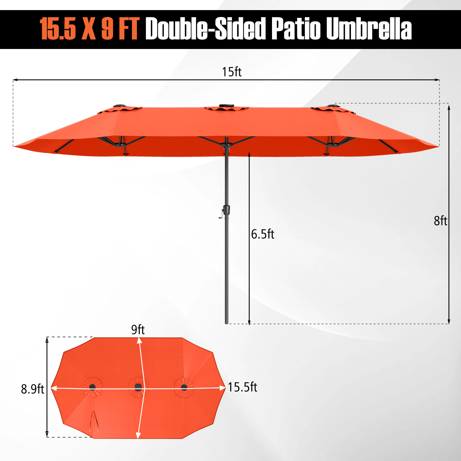 SUGIFT 15.5-ft Orange Rectangular Double-Sided Solar Patio Umbrella with 144 LED Lights and 12 Metal Ribs