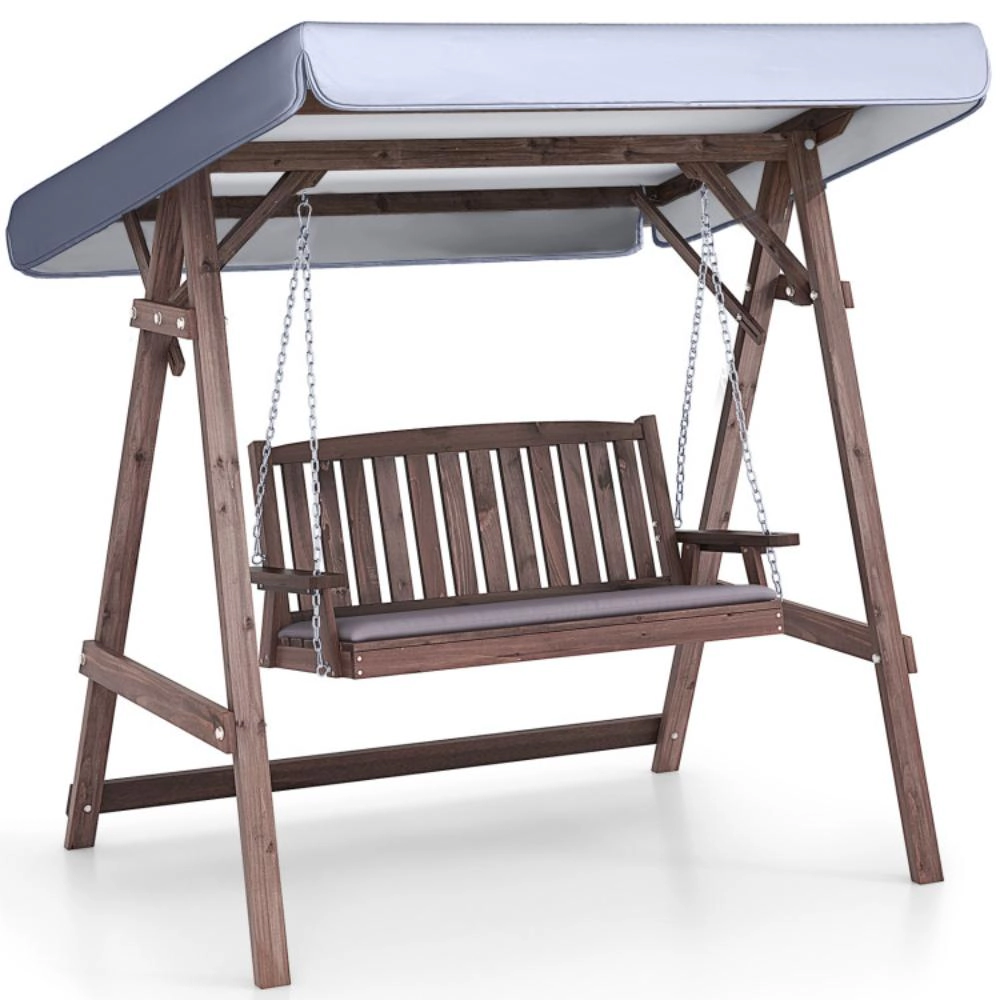 Hivvago 2-Person Porch Swing With Fir Wood Stand And Tilt Canopy-Brown