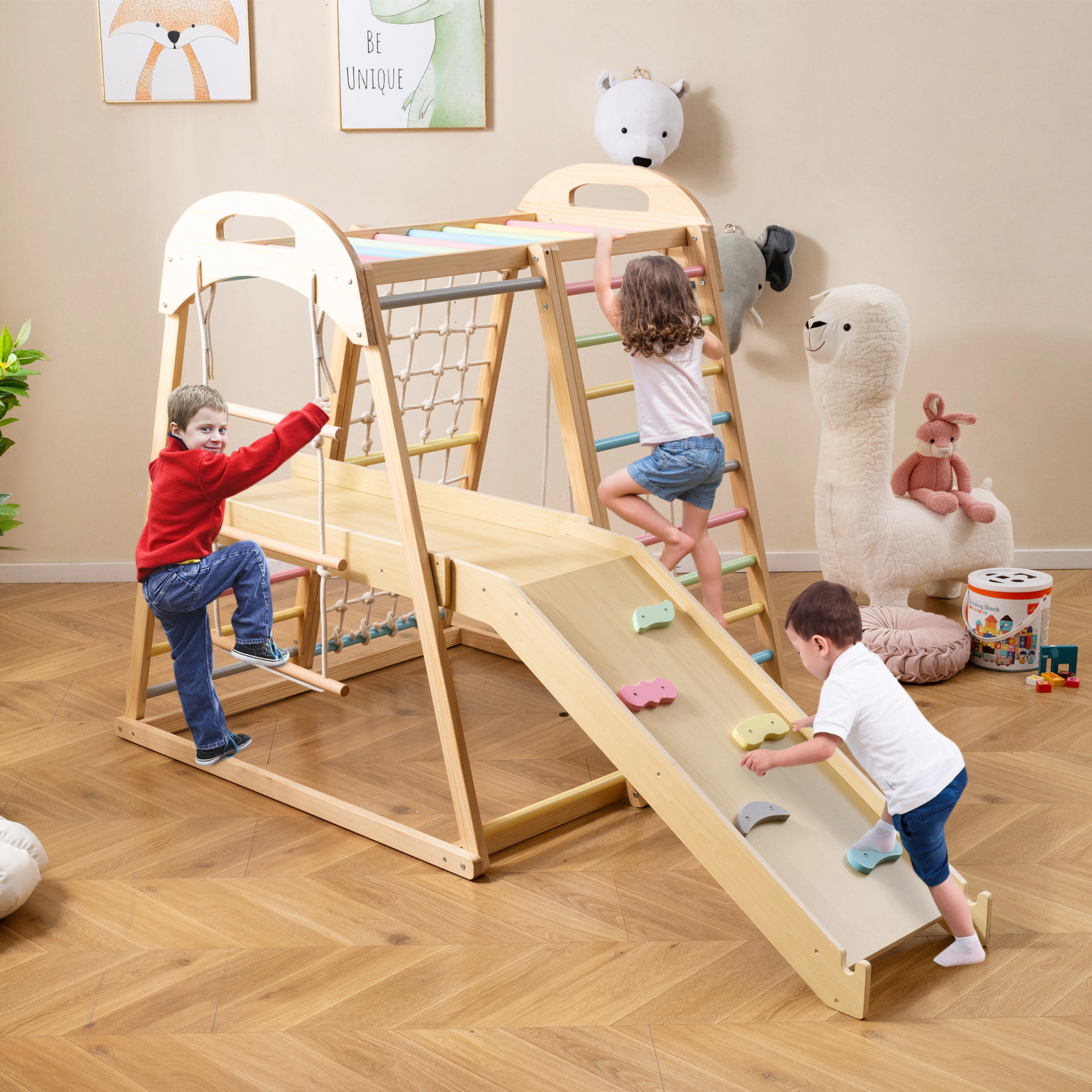 8-in-1 Multicolor Wooden Jungle Gym Kids Climber Height-Adjustable Ramp Rope Swing Monkey Bars 110-lb Ages 3-5