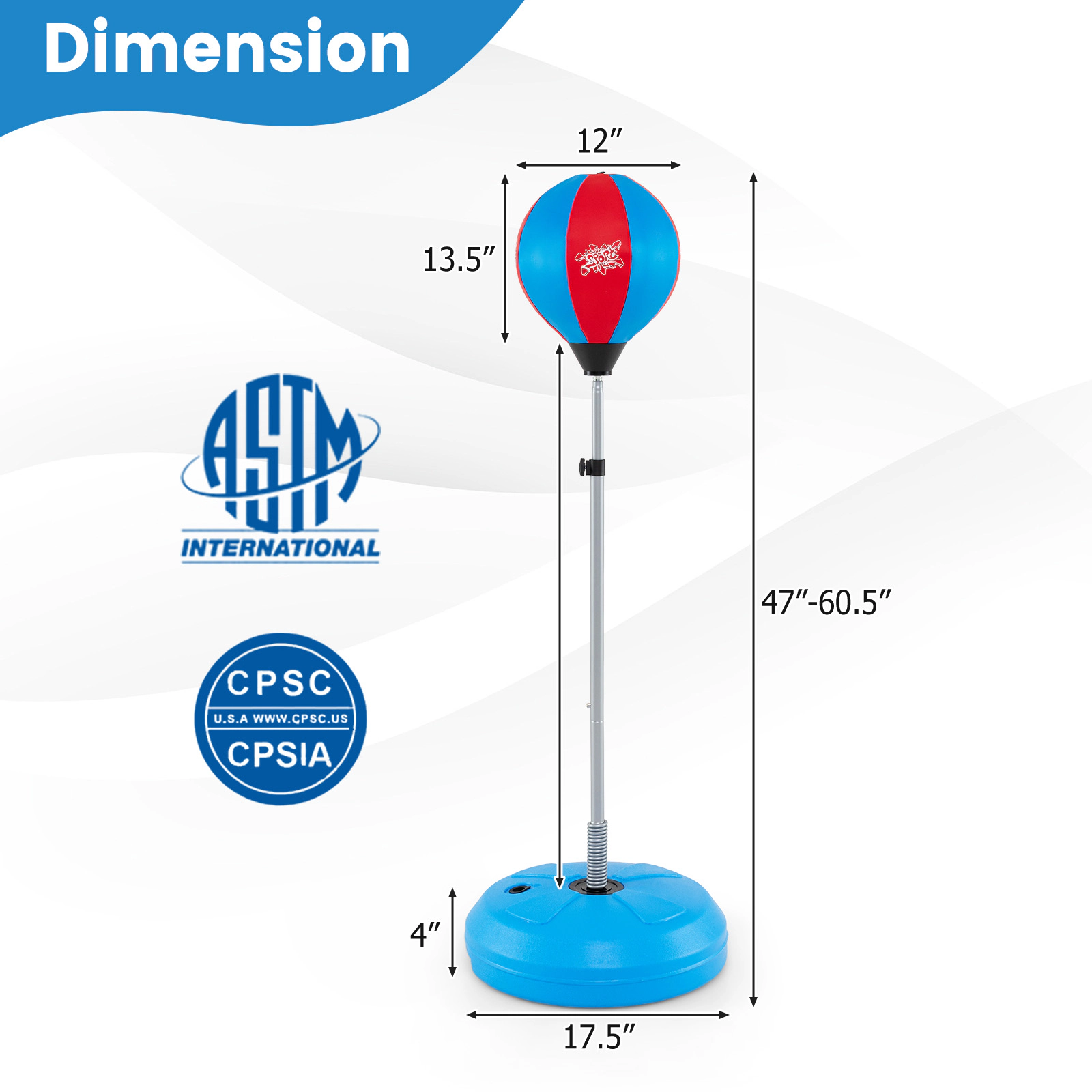 SUGIFT Blue Kids and Adult Freestanding Punching Bag with Boxing Gloves and Hand Pump 47-in to 60.5-in H