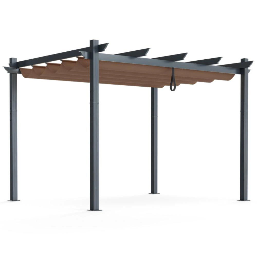 Hivvago 10 x 12 Feet Outdoor Aluminum Retractable Pergola Canopy Shelter Grape Trellis-Coffee