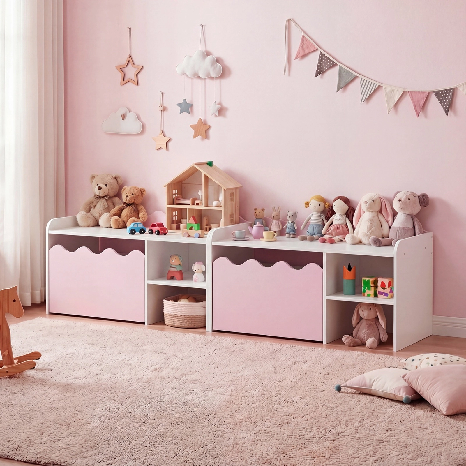 SUGIFT Scalloped Kids Bookshelf and Toy Storage Organizer with Movable Drawer 77-lb Top Capacity 3+ Years Pink + White