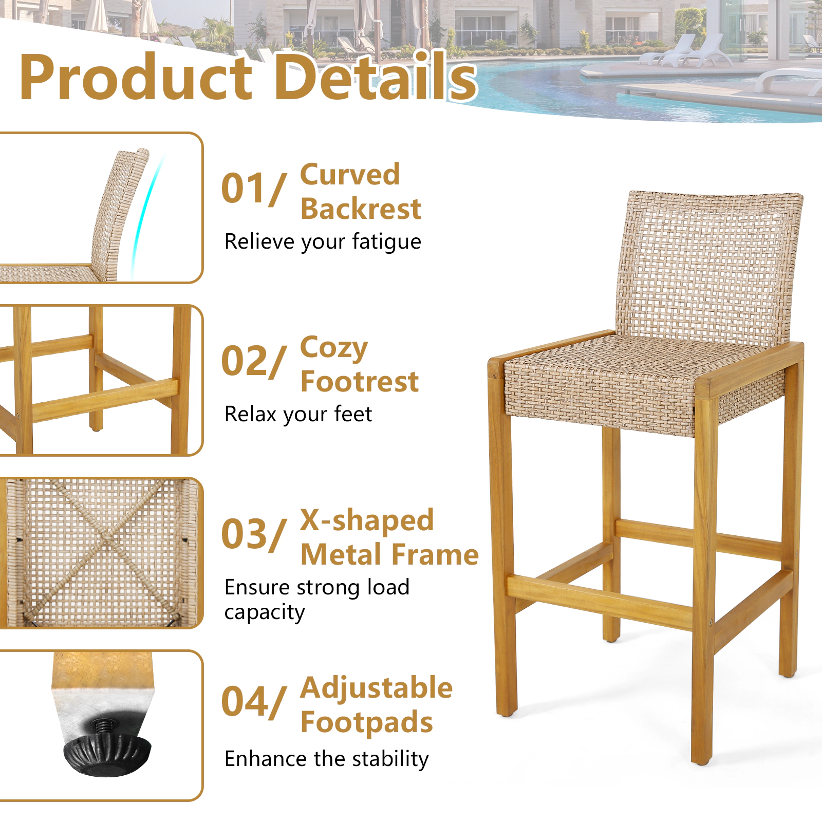 SUGIFT Rattan Patio Barstools Dining Chairs with Backrest 400-Lb Capacity 30-in Seat Height Light Brown Teak