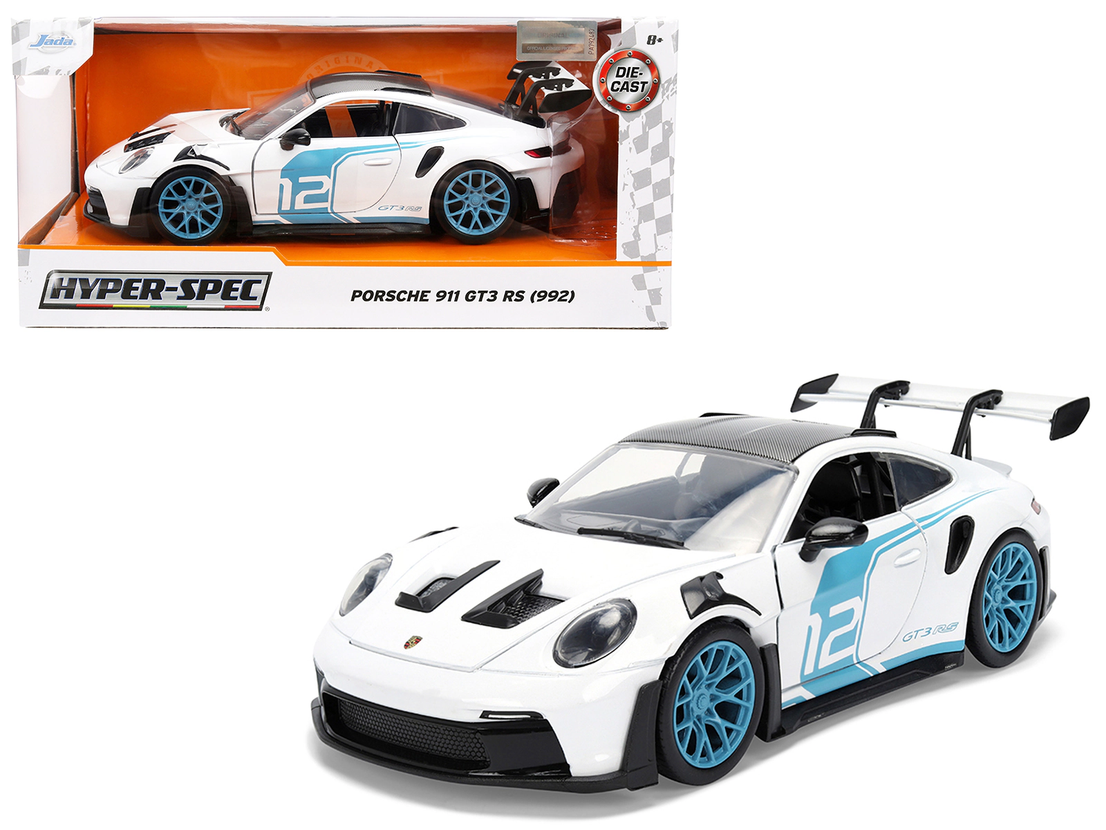 Jada Porsche 911 GT3 RS (992) #12 White with Blue Stripes and Carbon Top "Hyper-Spec" Series 1/24 Diecast