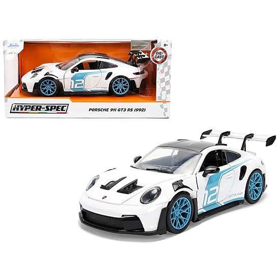 Jada Porsche 911 Gt3 Rs (992) #12 White With Blue Stripes And Carbon Top "Hyper-Spec" Series 1/24 Diecast