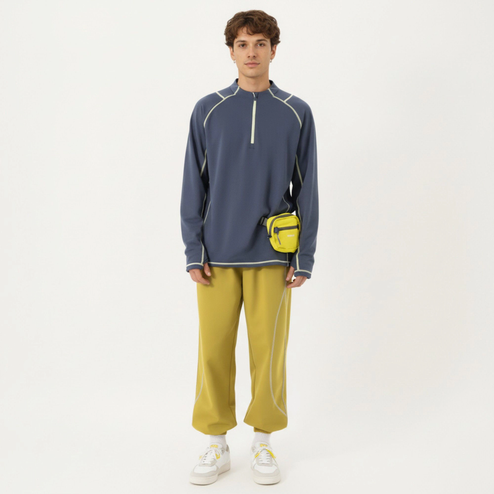 Anna-Kaci Men's Long Sleeve Half-Zip Pullover Top with Textured Knit Fabric and Contrast Seam Detailing