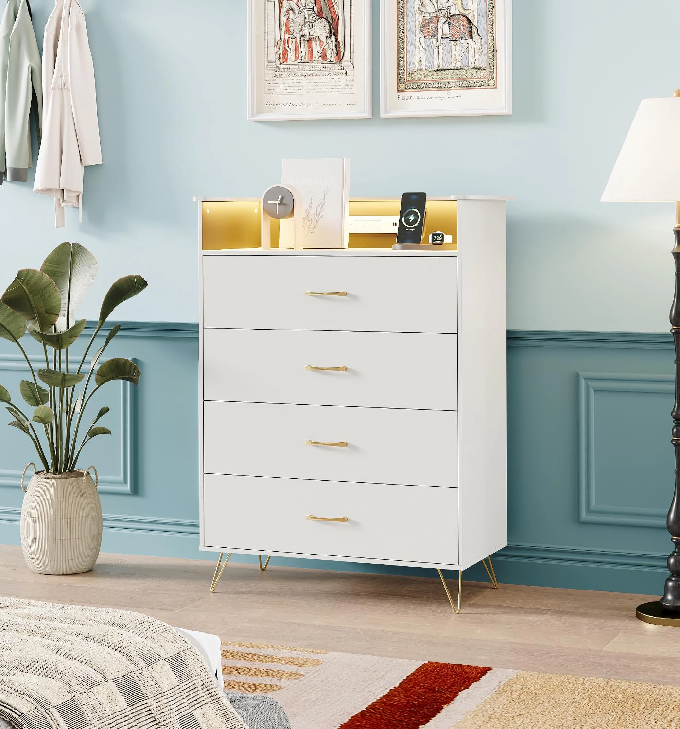 4 Drawer Dresser with Power Outlets & RGB LED Lights, Tall Modern Wood Storage Chest App Control