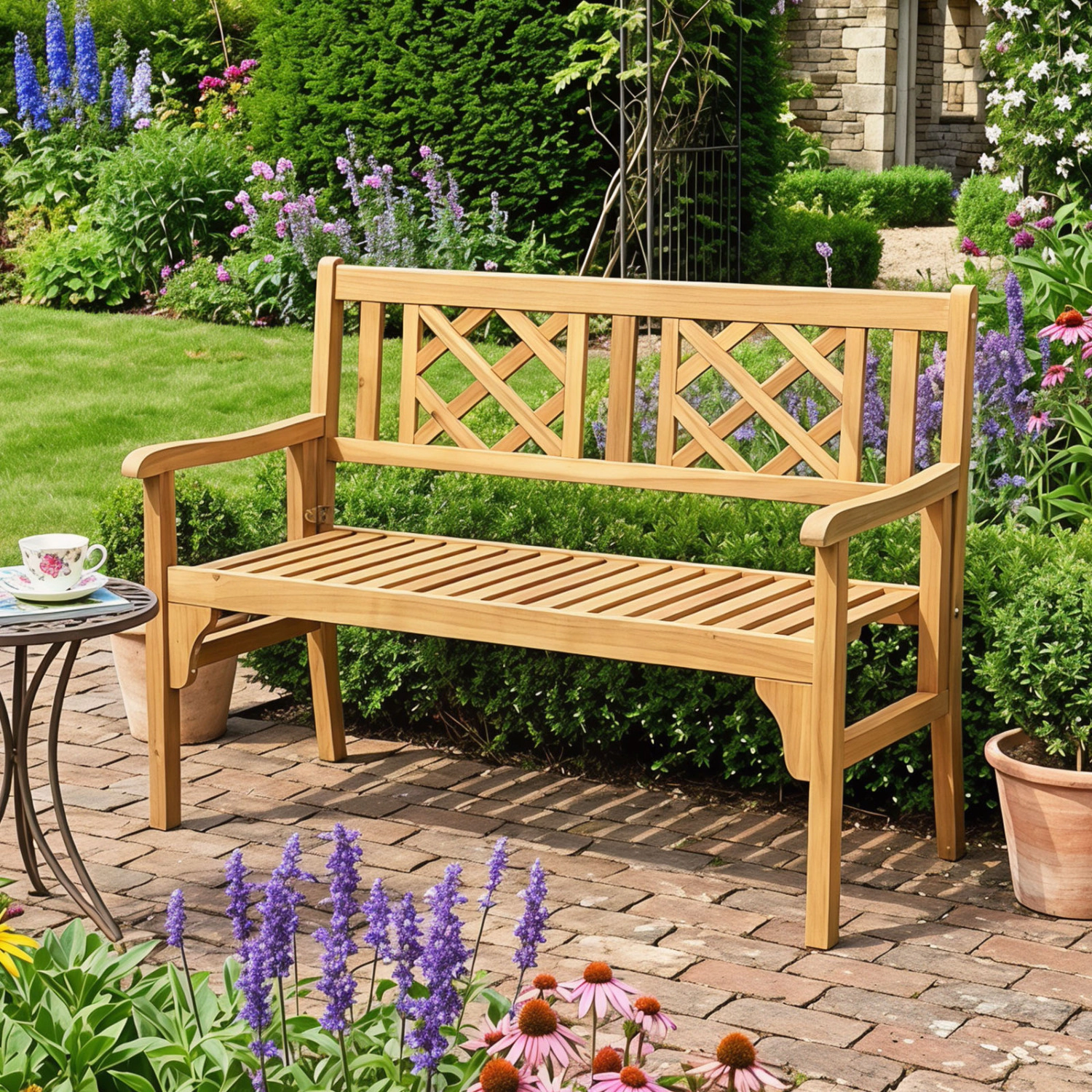 LJG Patio Foldable Bench with Curved Backrest and Armrest