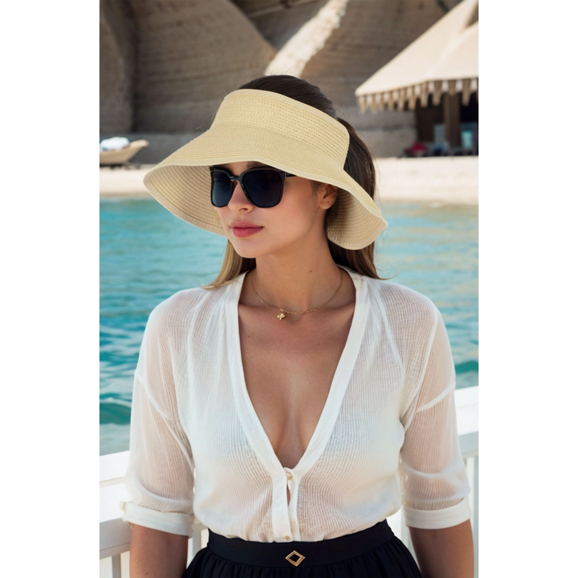 Anna-Kaci Women's Wide Brim Roll-Up Straw Sun Visor Lightweight Packable Open-Top Beach Hat for UV Protection