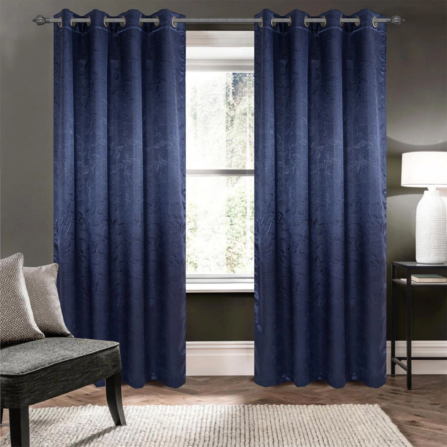 Olivia Gray 100% Polyester 200 GSM Arlo Embossed Blackout Grommet Curtain Panel 54" x 90" Navy