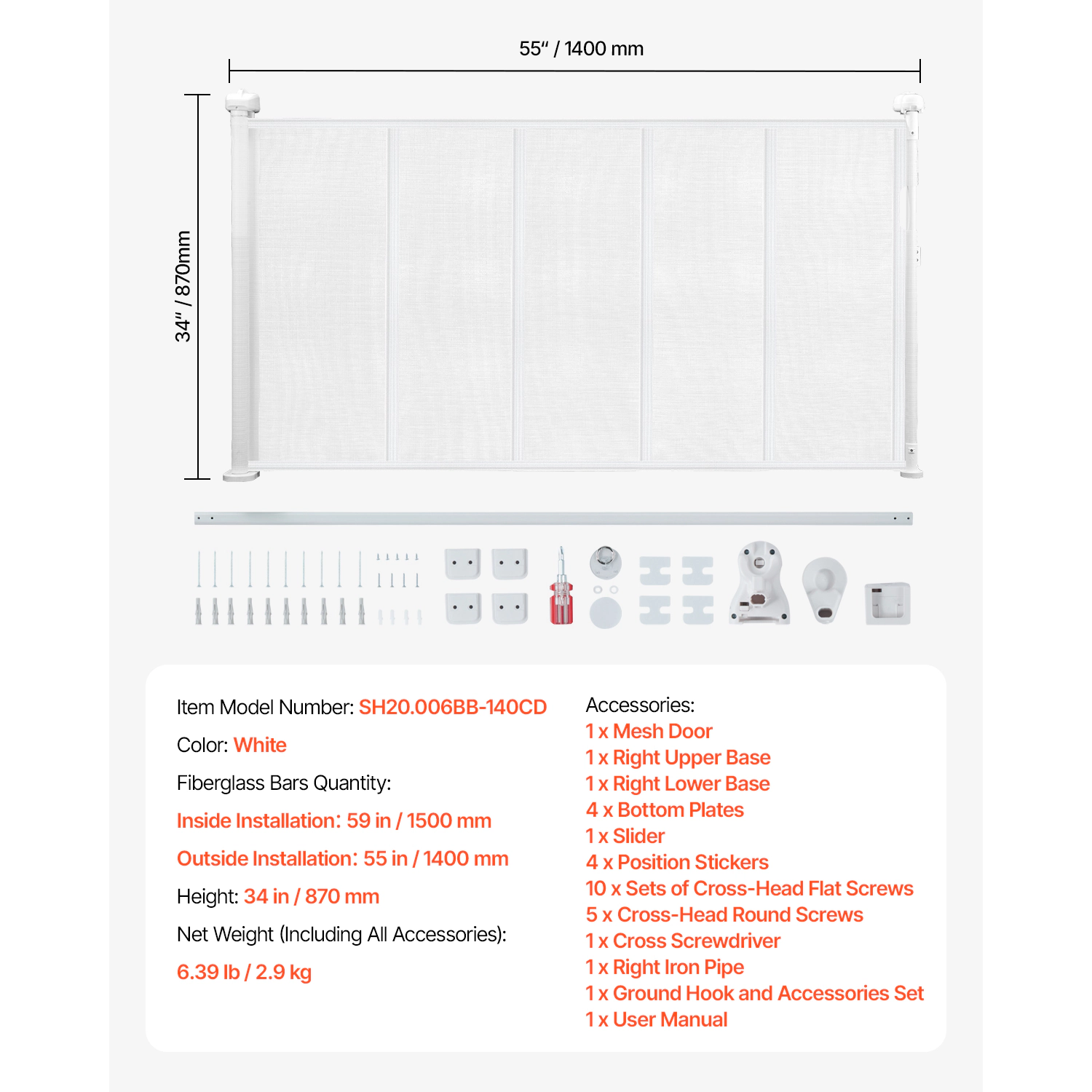 HONGGE Retractable Mesh Safety Gate, 34 in Tall, Extends up to 55 in Wide, Anti-Crawl for Stairs, White